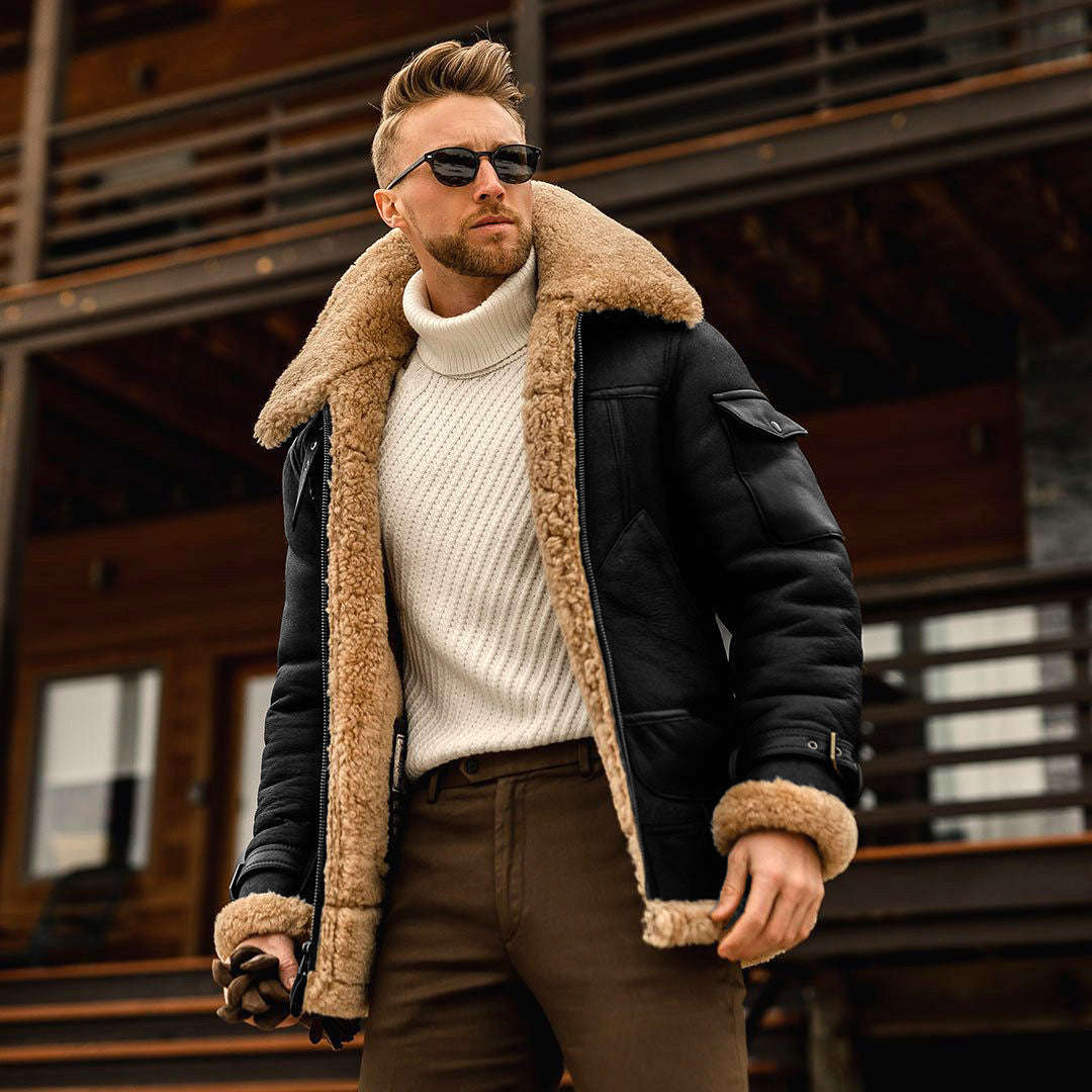 Men’s Shearling Aviator Jacket | Warm Faux Leather Pilot Coat