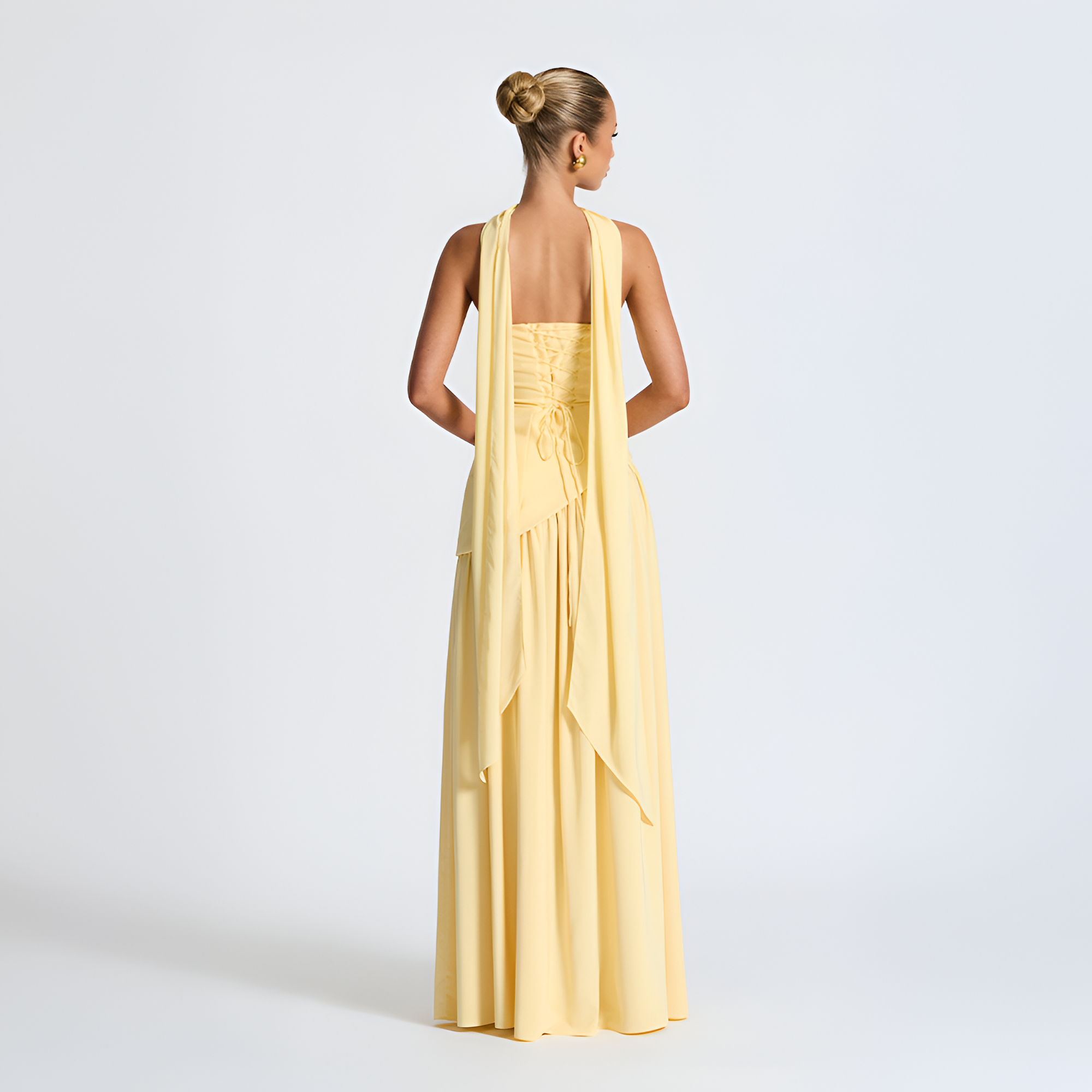 Vestido largo sin tirantes para mujer con cuello de pañuelo y abertura alta