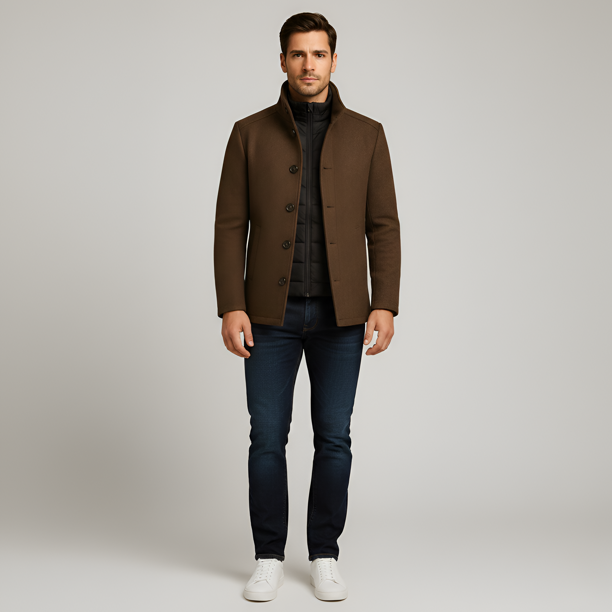 Abrigo de lana para hombre con cuello alto ajuste estructurado ropa de invierno