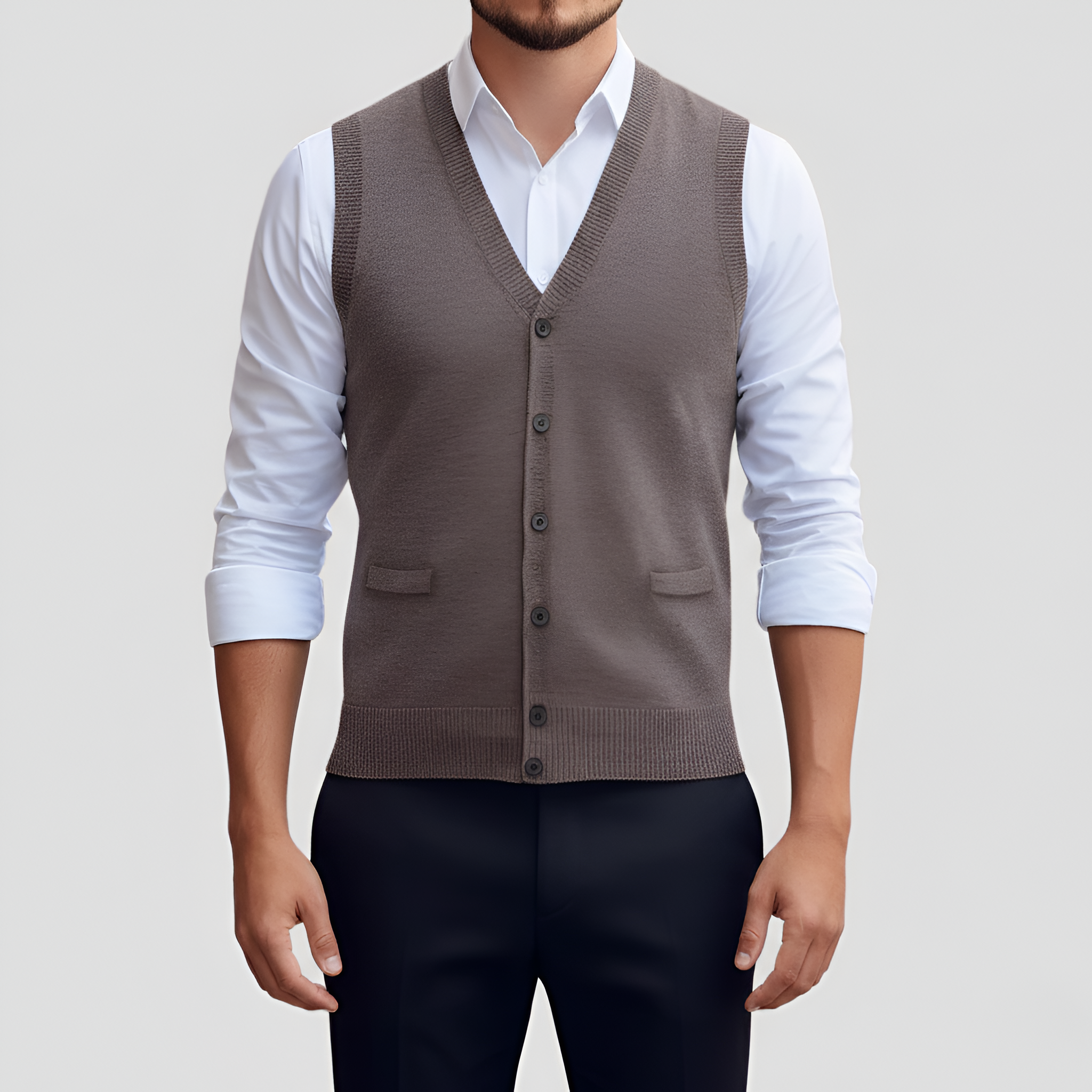Colete de Malha para Homem Gola em V Botões à Frente Colete para Sobreposição