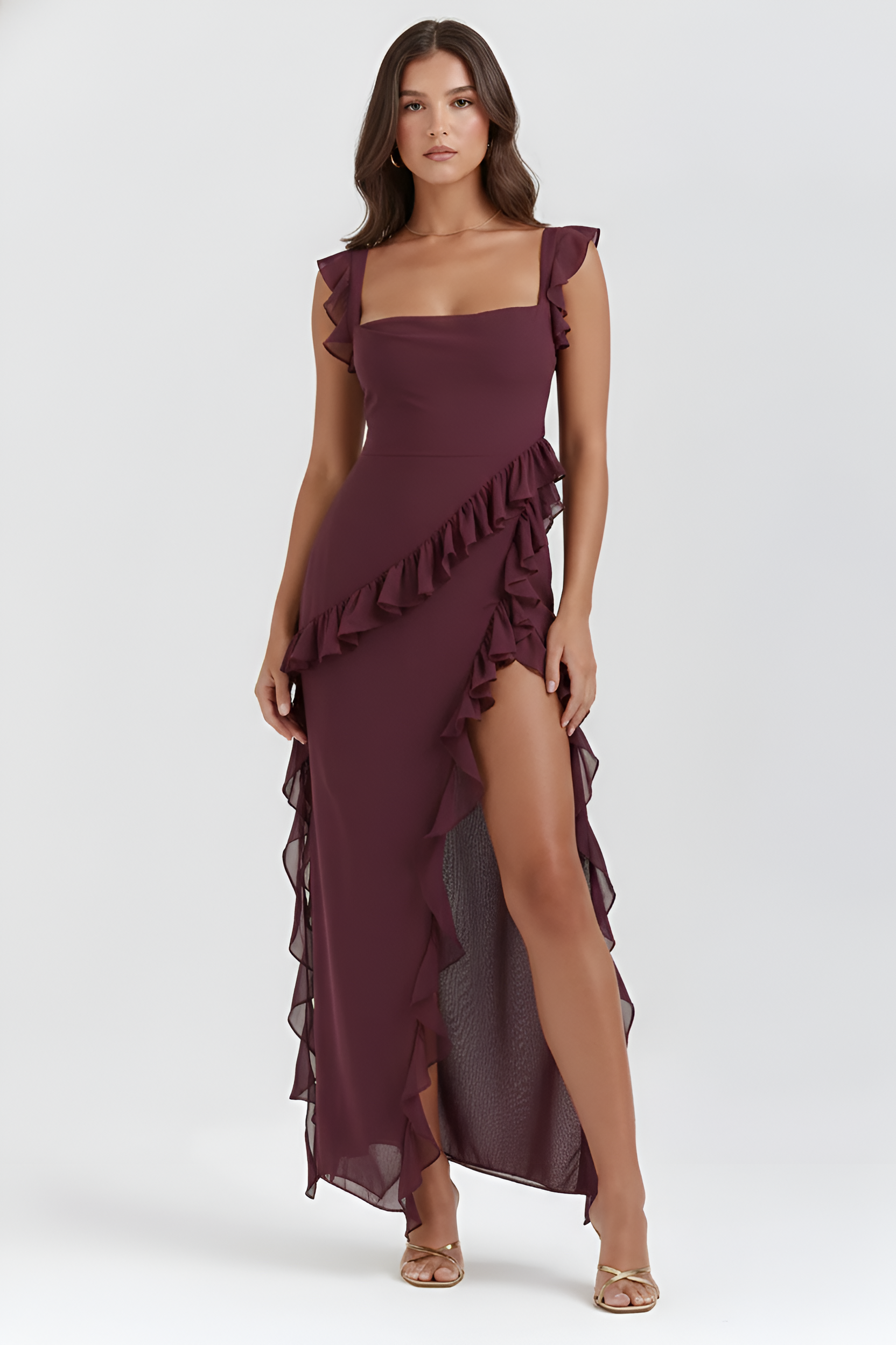 Γυναικείο Μακρύ Φόρεμα με Βολάν και Άνοιγμα, Αμάνικο Βραδινό Φόρεμα από Σιφόν