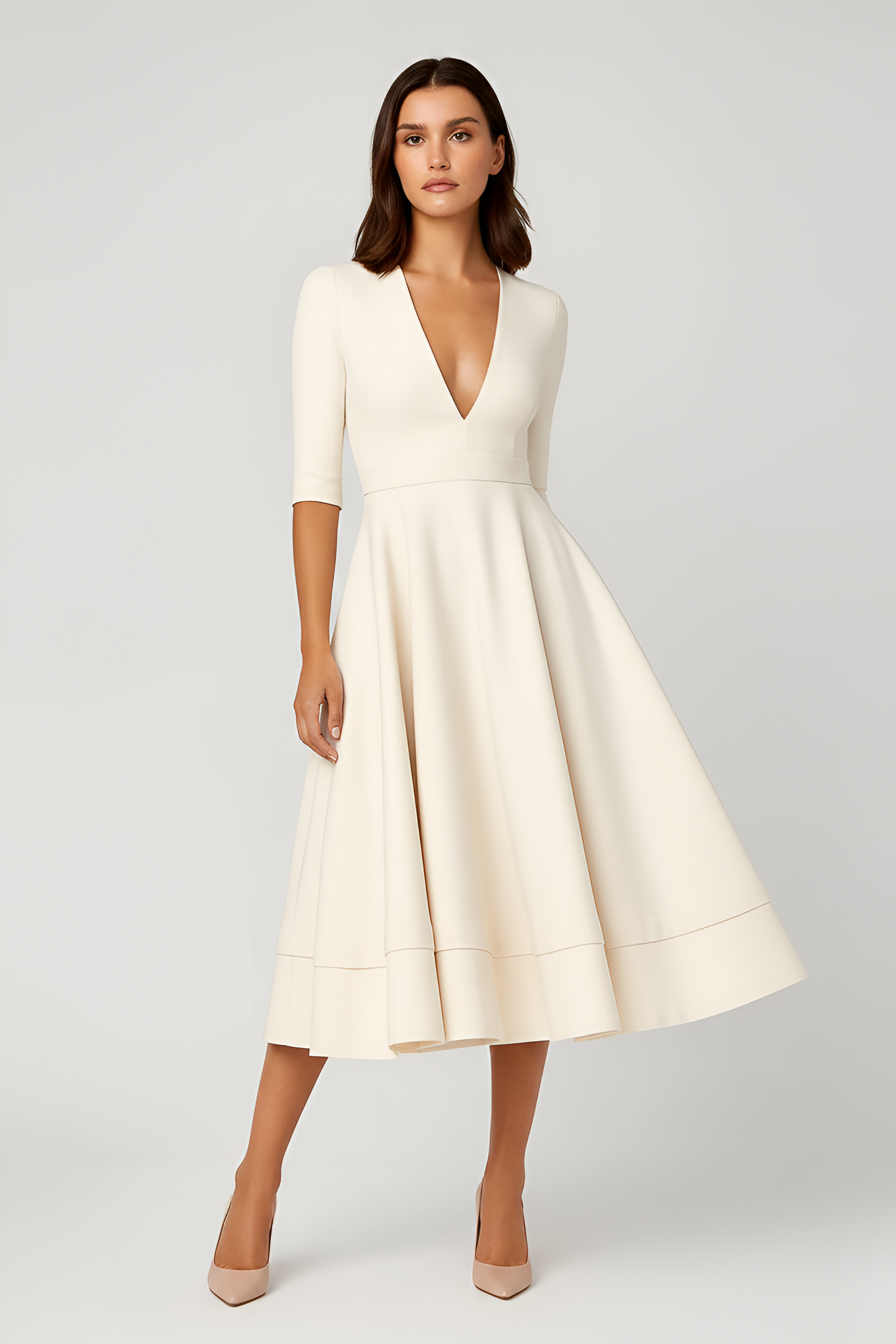 Γυναικείο φόρεμα με λαιμόκοψη σε σχήμα V, μεσαίο μήκος και μανίκια τριών τετάρτων