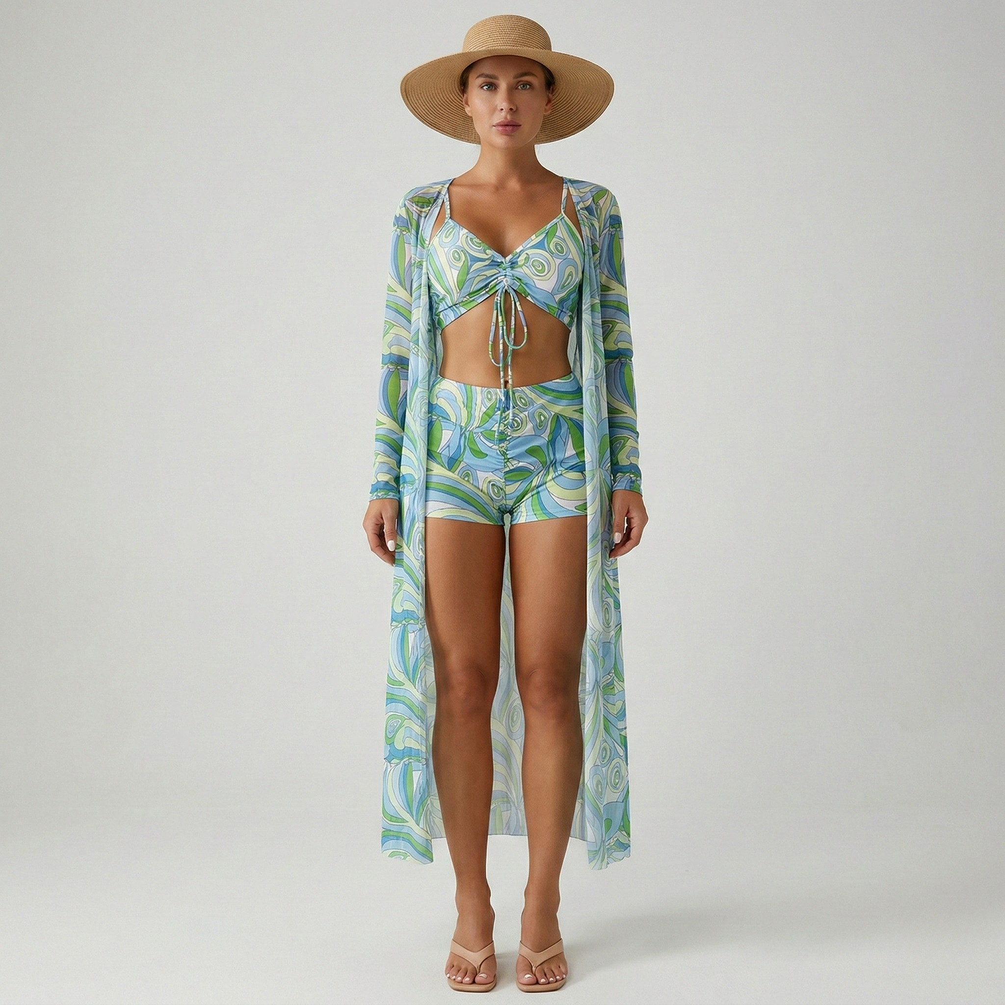 Σετ μαγιό γυναικείο 3 τεμαχίων με τοπ μπικίνι, σορτς και μακρύ κάρντιγκαν κάλυψης