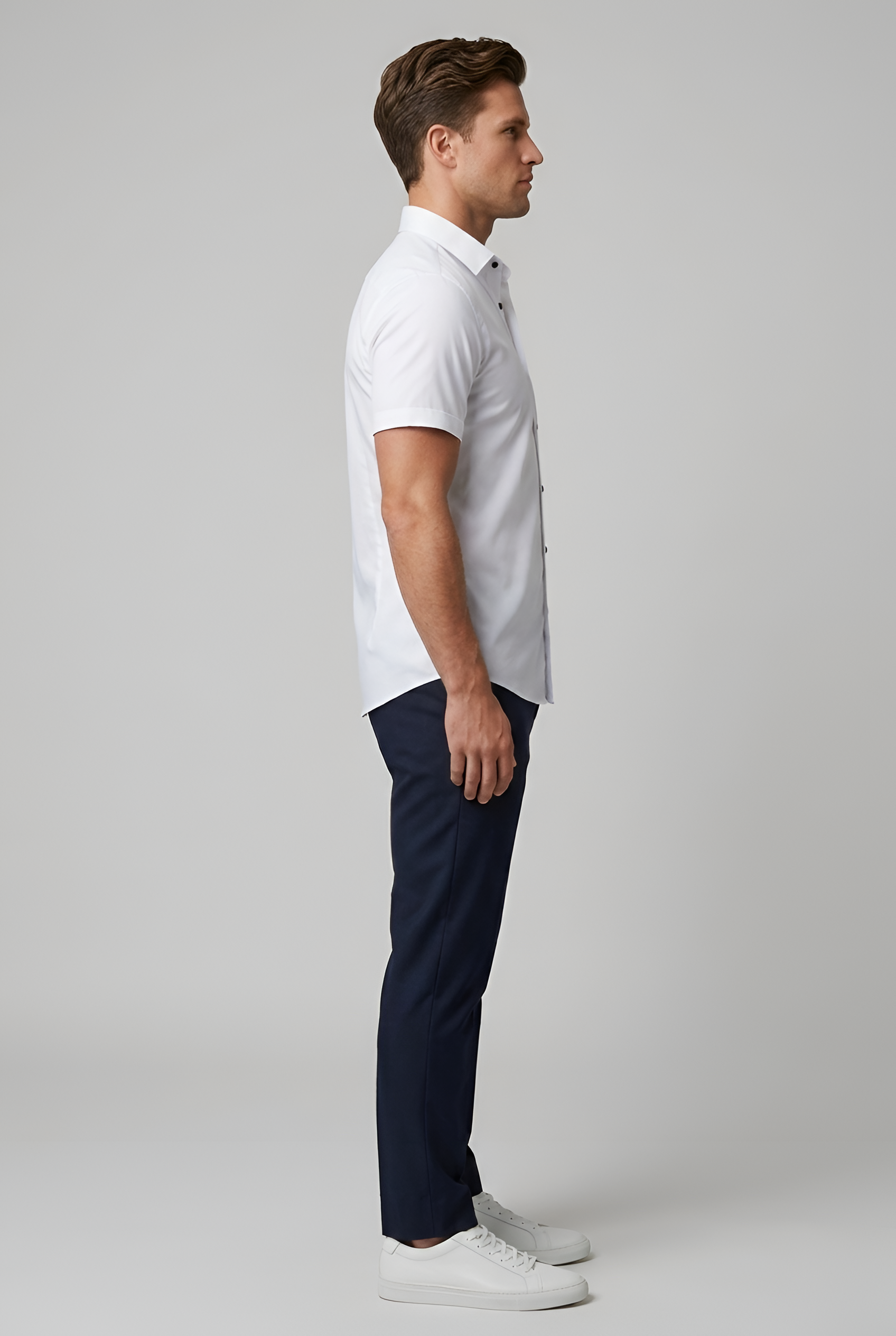 Chemise habillée en coton pour homme, coupe ajustée, manches courtes, à boutons