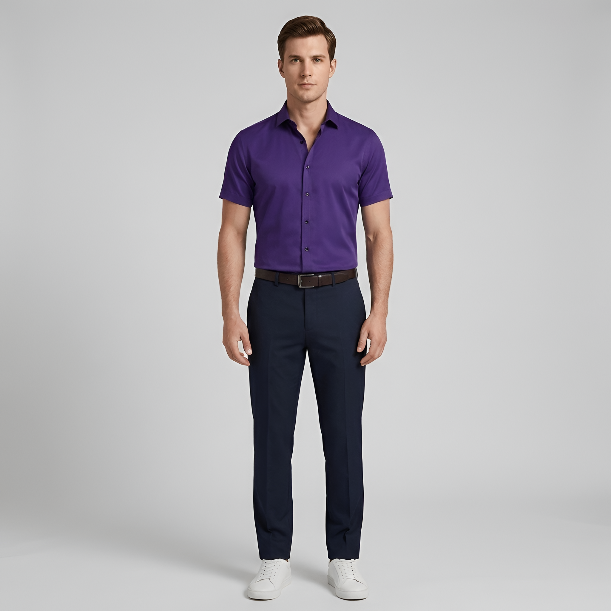 Chemise habillée en coton pour homme, coupe ajustée, manches courtes, à boutons