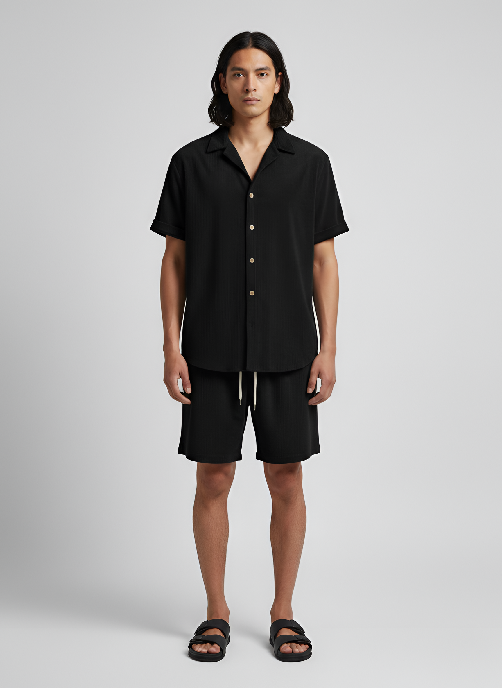 Σετ Ανδρικό Πουκάμισο με Κοντό Μανίκι και Βερμούδα με Κορδόνι από Βαμβακερό Κοτλέ για Καθημερινή Χρήση