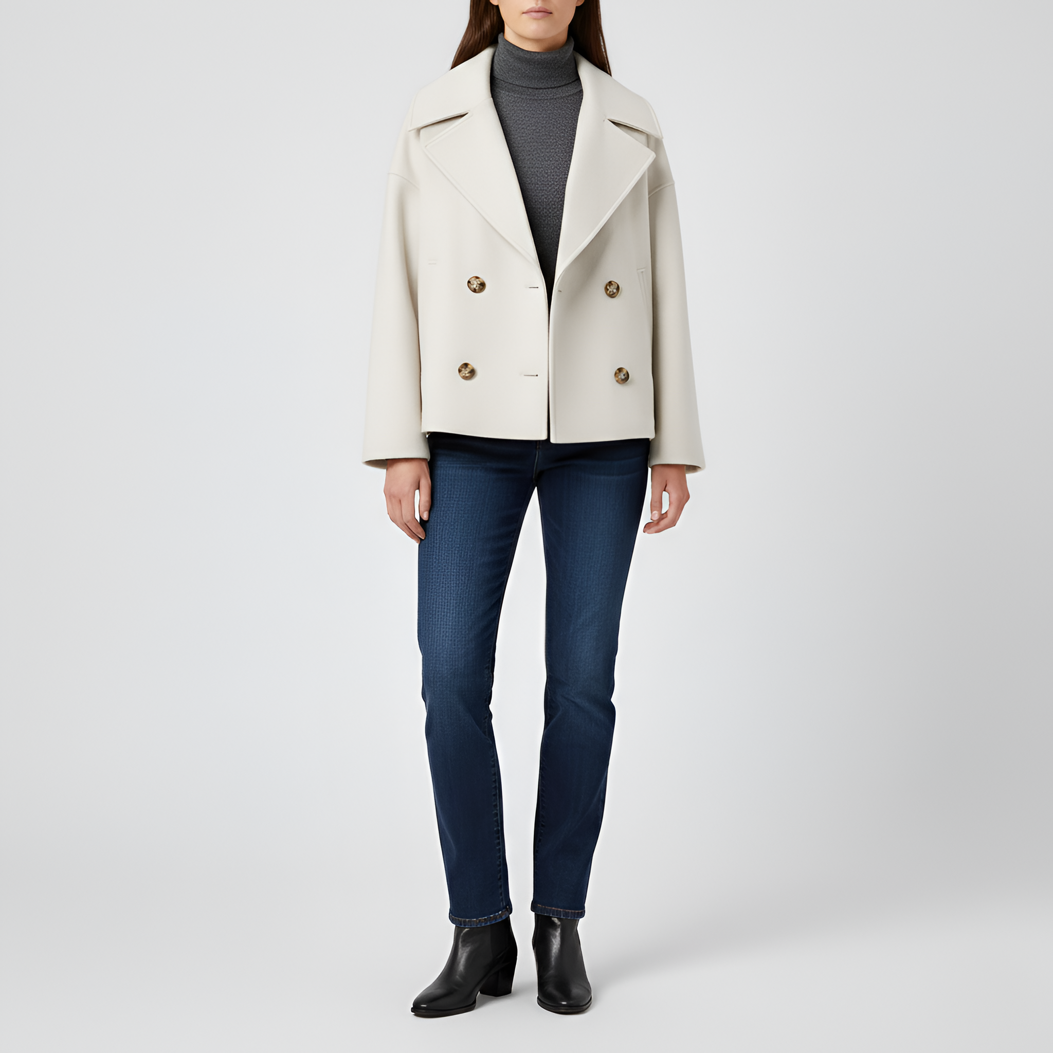 Damekort uldjakke dobbeltradet frakke med hakkrave