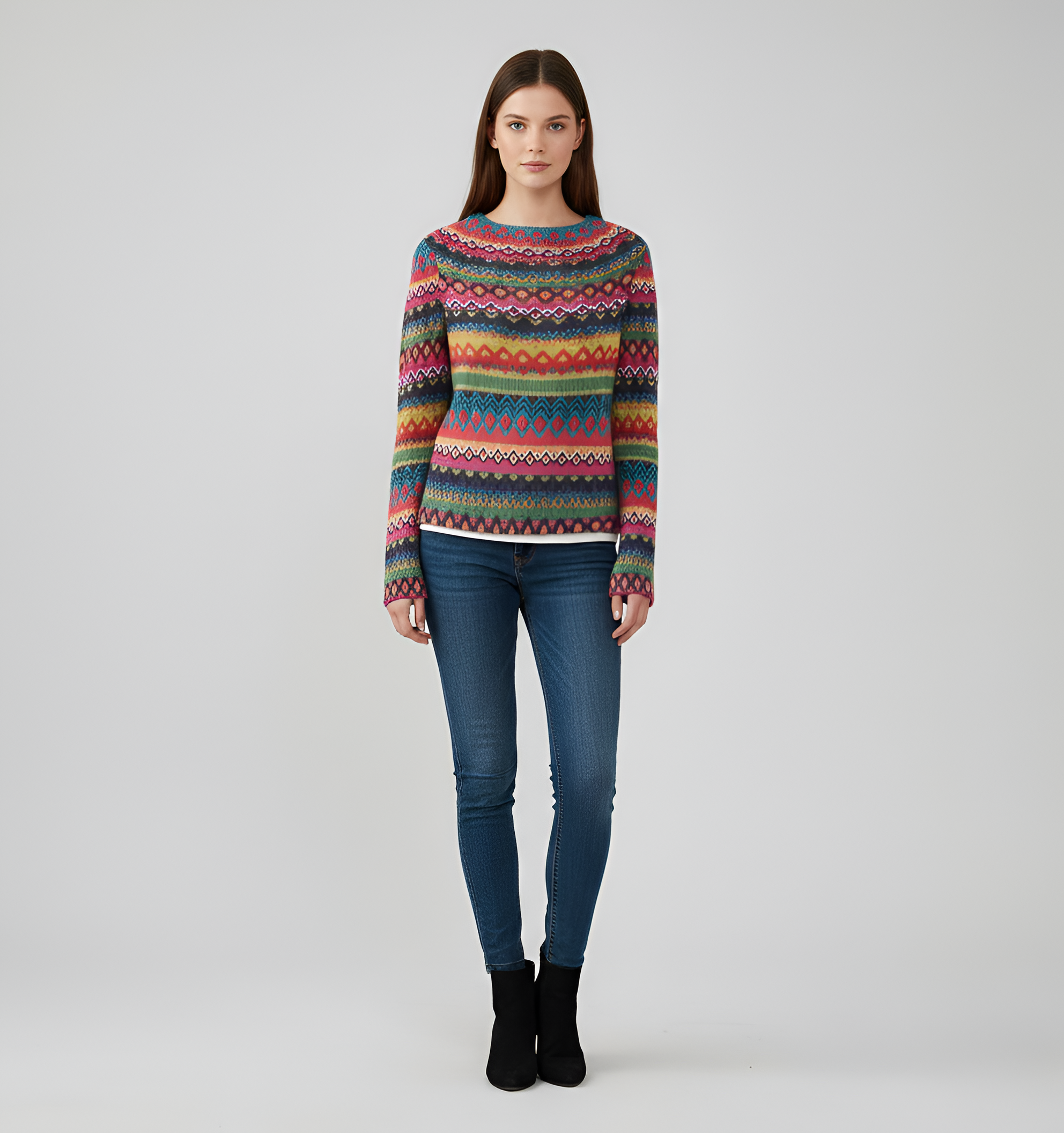 Suéter de punto con mezcla de lana para mujer, diseño Fair Isle, cuello redondo y mangas largas