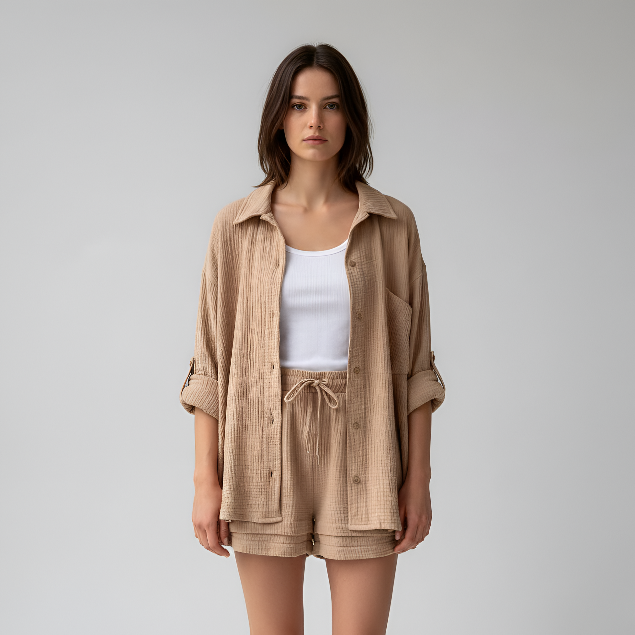 Women’s Cotton Shorts Set with Button Down Shirt and Drawstring Waist