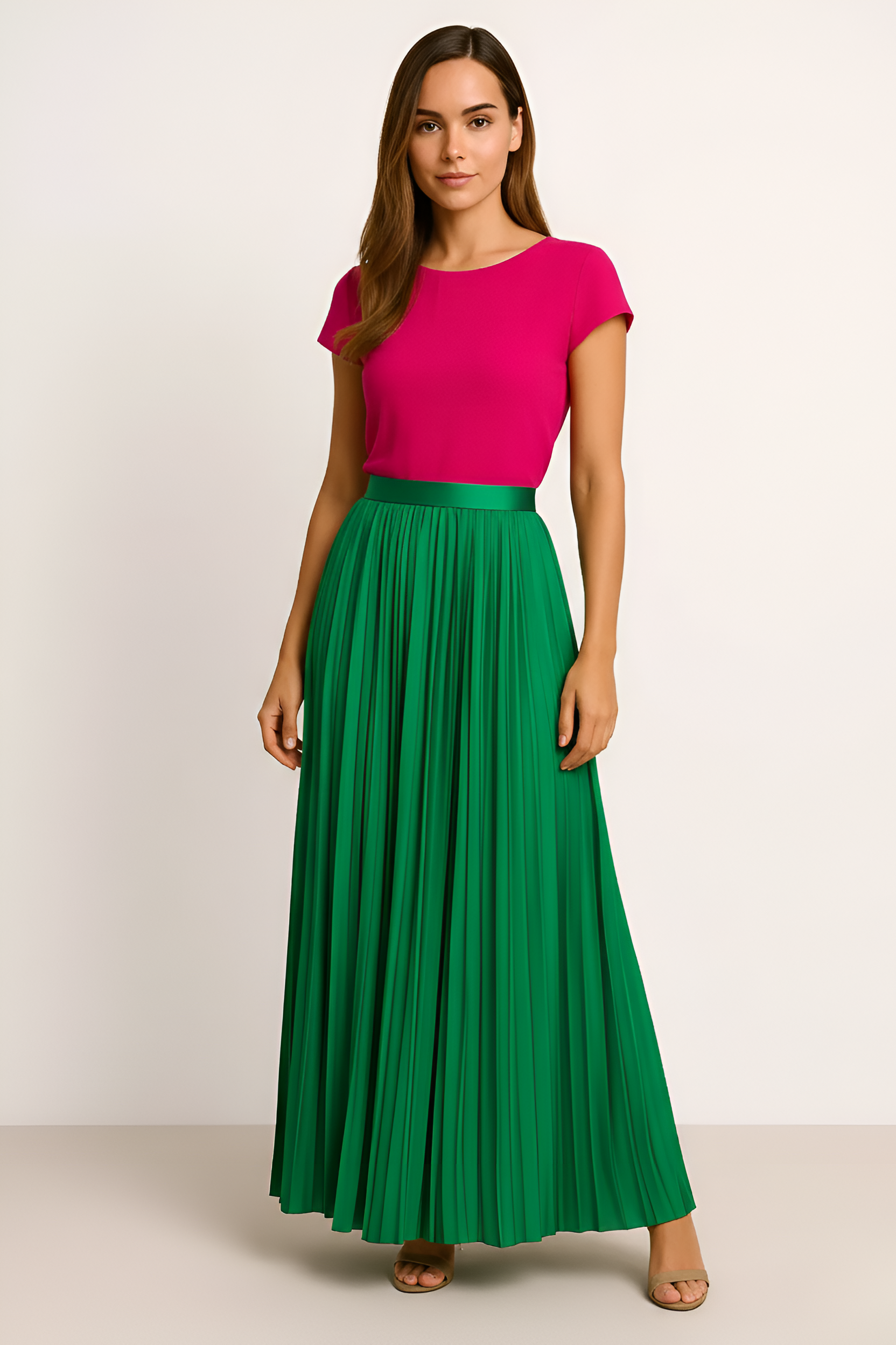 Women’s Pleated Midi Skirt High Waist with Elastic Waistband