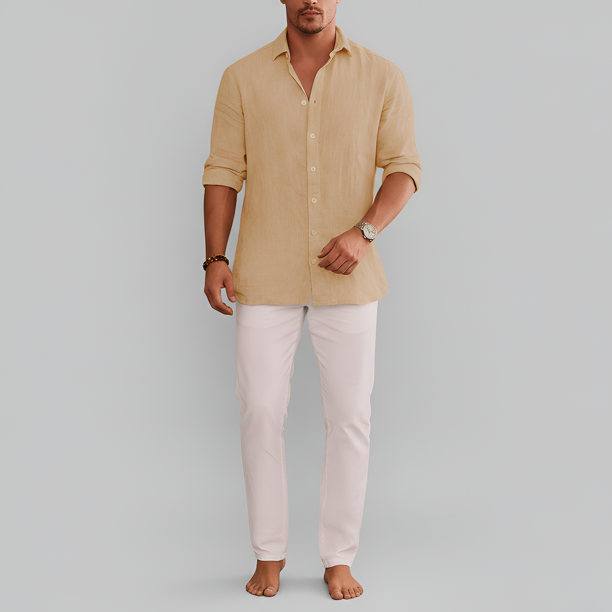 Camisa de lino para hombre con botones, manga larga, ajuste casual