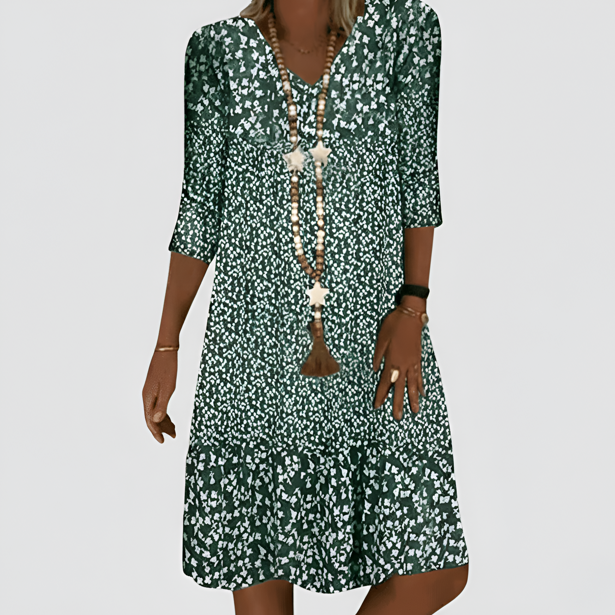 Robe midi à fleurs pour femmes avec manches trois-quarts et col en V