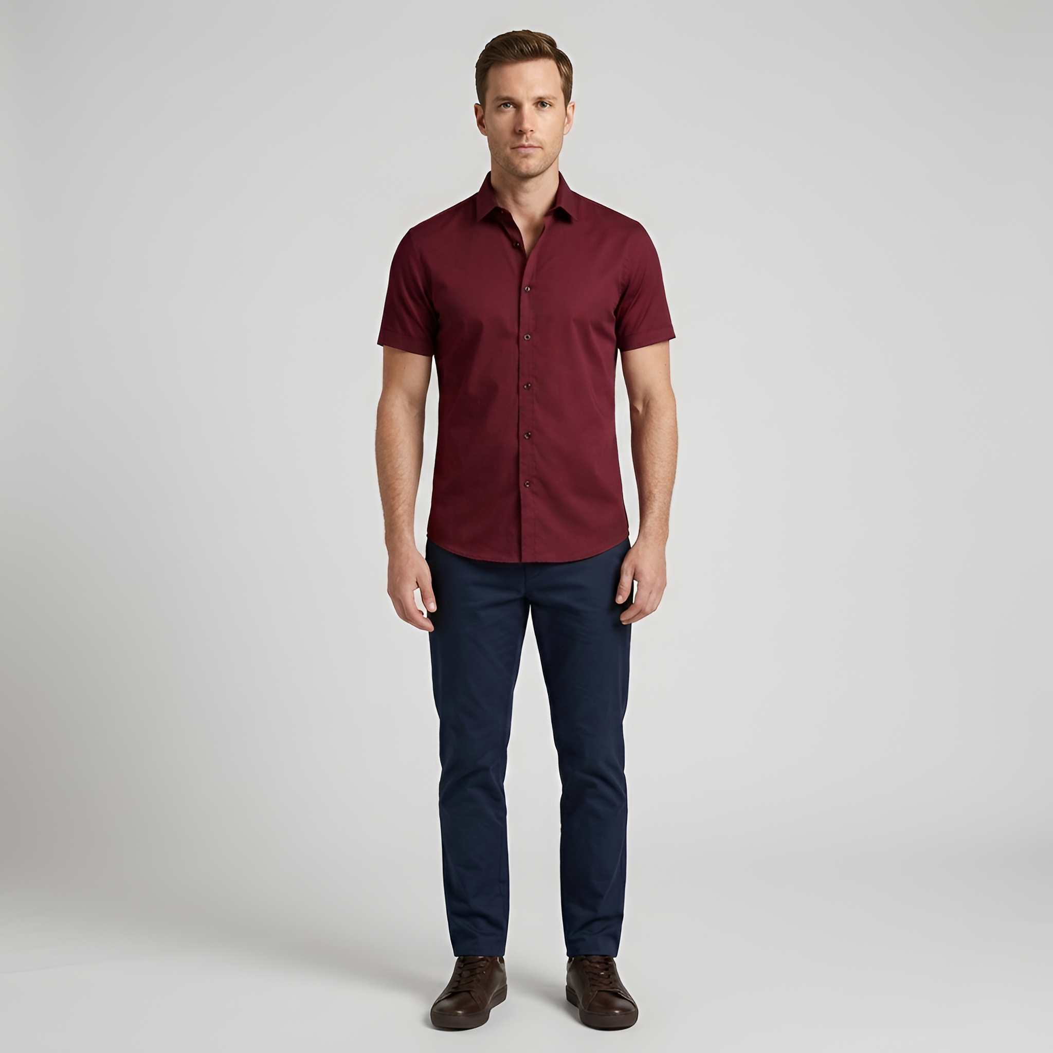 Chemise habillée en coton pour homme, coupe ajustée, manches courtes, à boutons