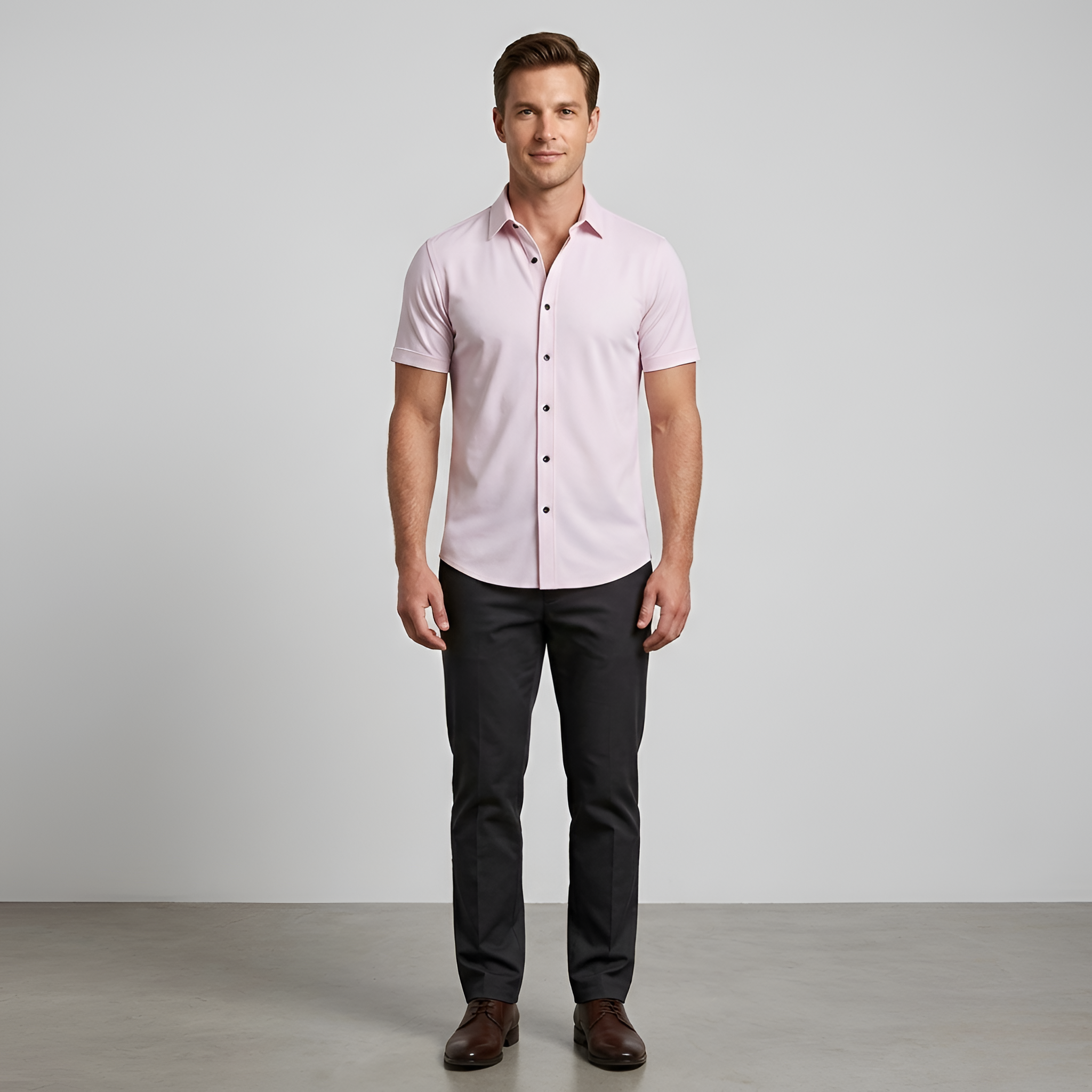 Chemise habillée en coton pour homme, coupe ajustée, manches courtes, à boutons
