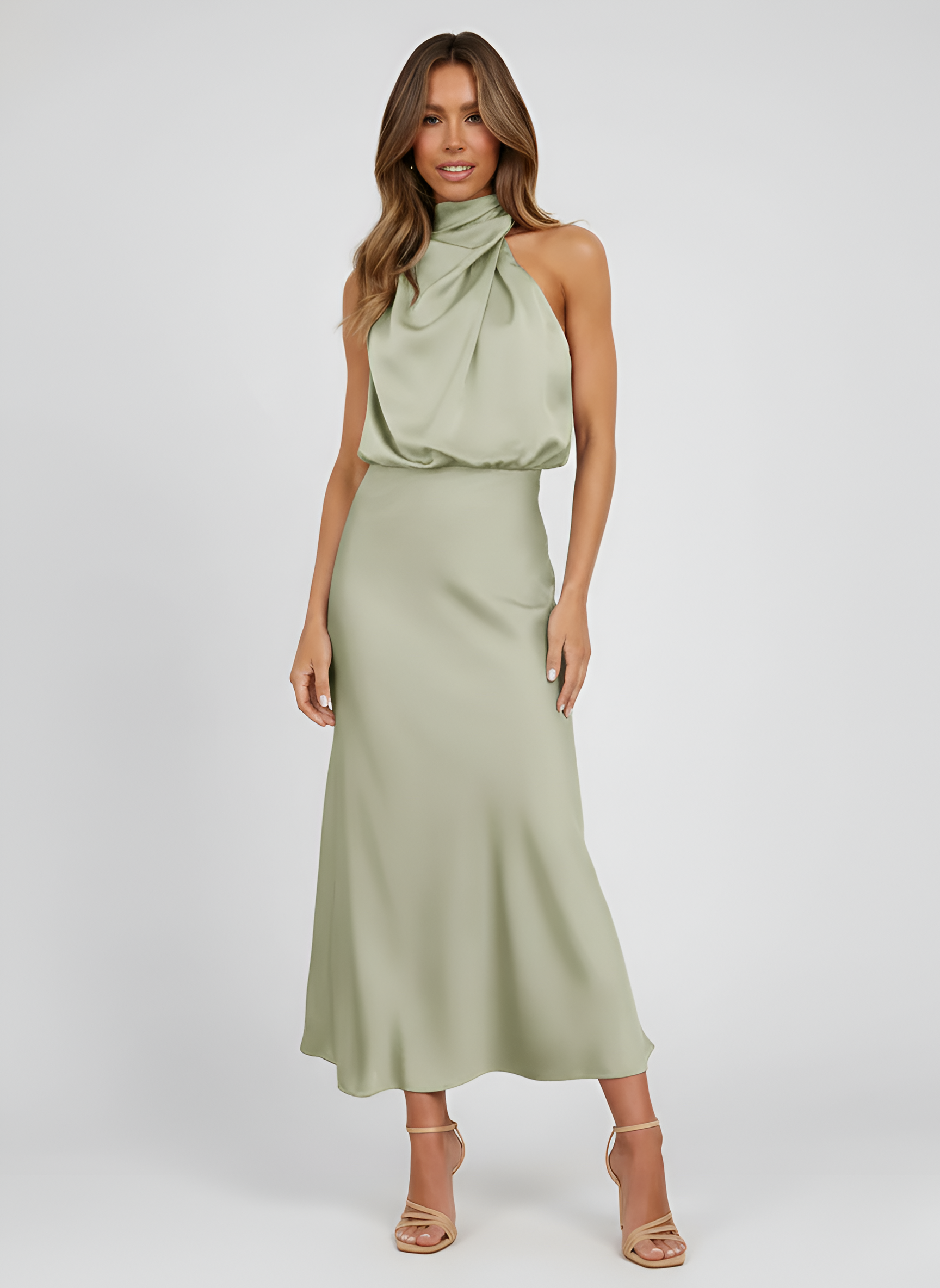 Rochie midi de damă cu gât halter, fără mâneci, cu talie drapată