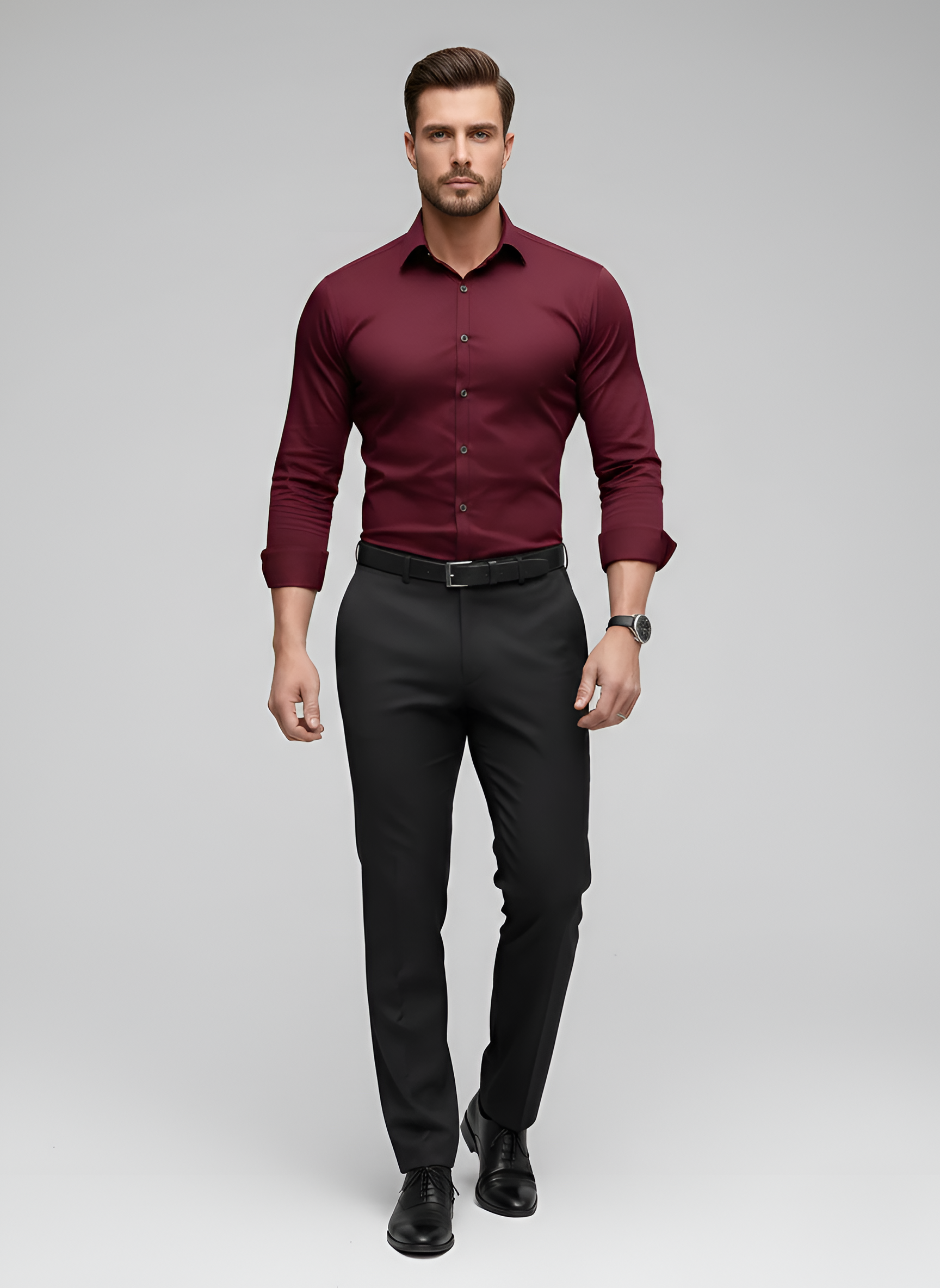 Camisa de hombre sin arrugas, abotonada, ajustada, de manga larga, de algodón elástico para vestir