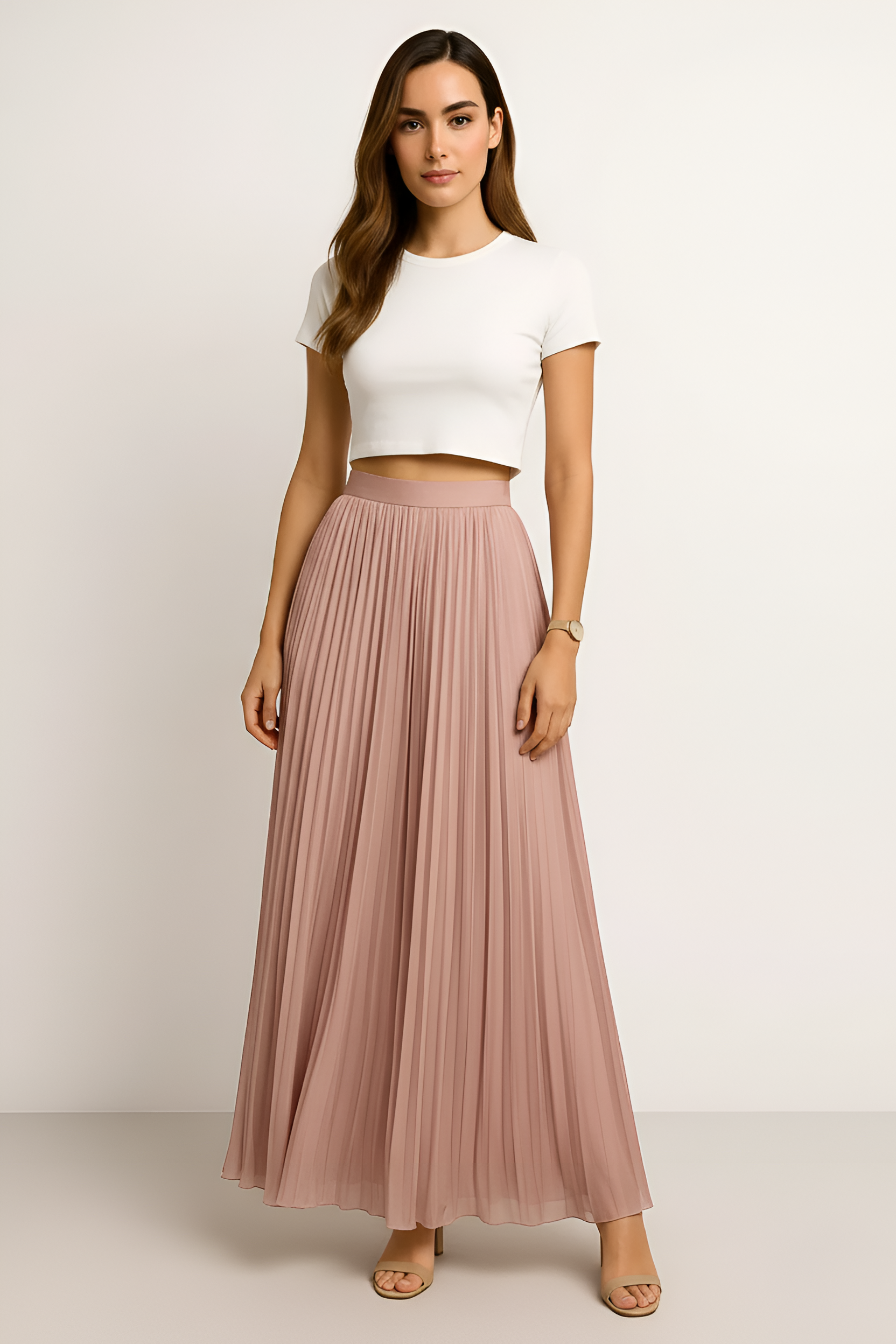 Women’s Pleated Midi Skirt High Waist with Elastic Waistband