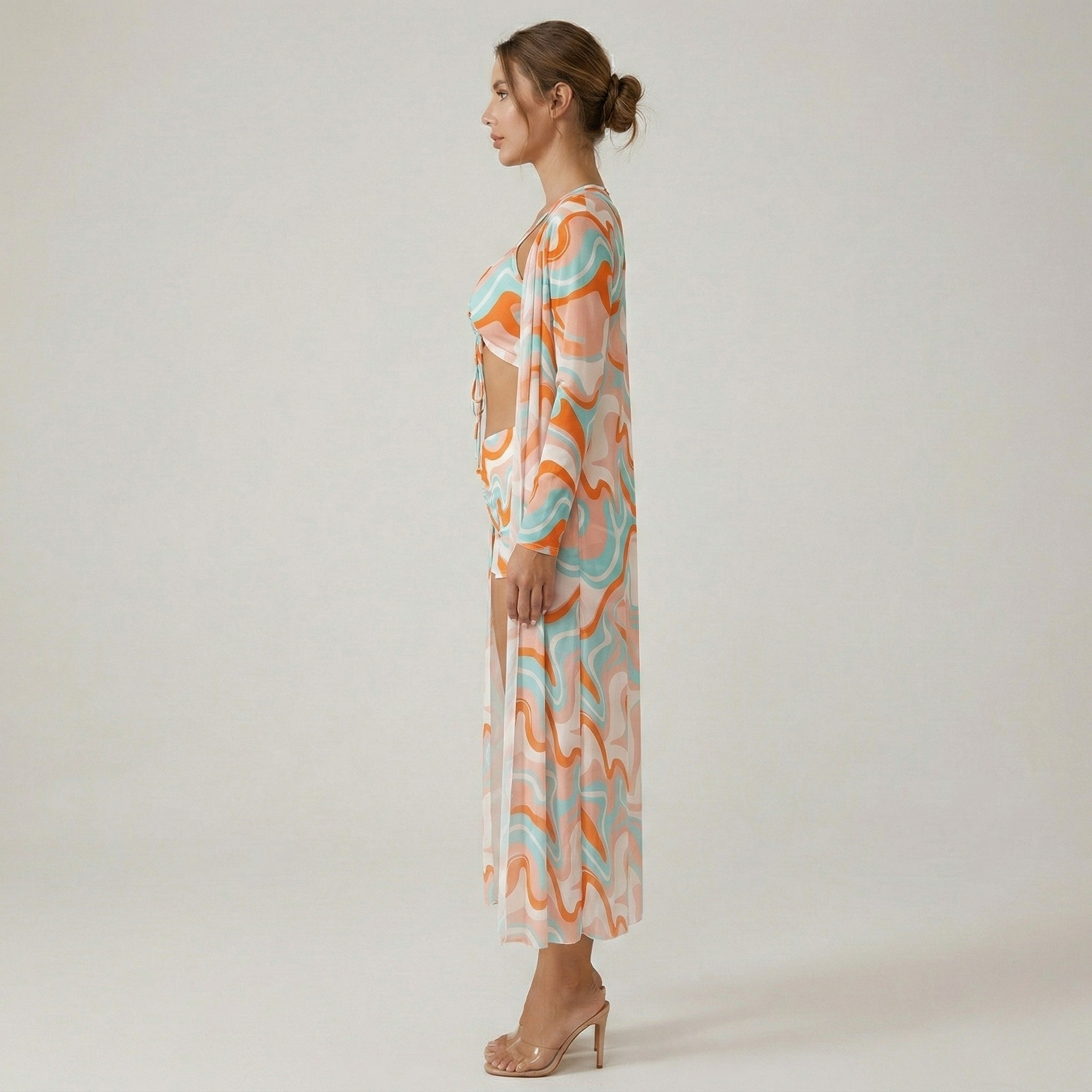 Σετ μαγιό γυναικείο 3 τεμαχίων με τοπ μπικίνι, σορτς και μακρύ κάρντιγκαν κάλυψης