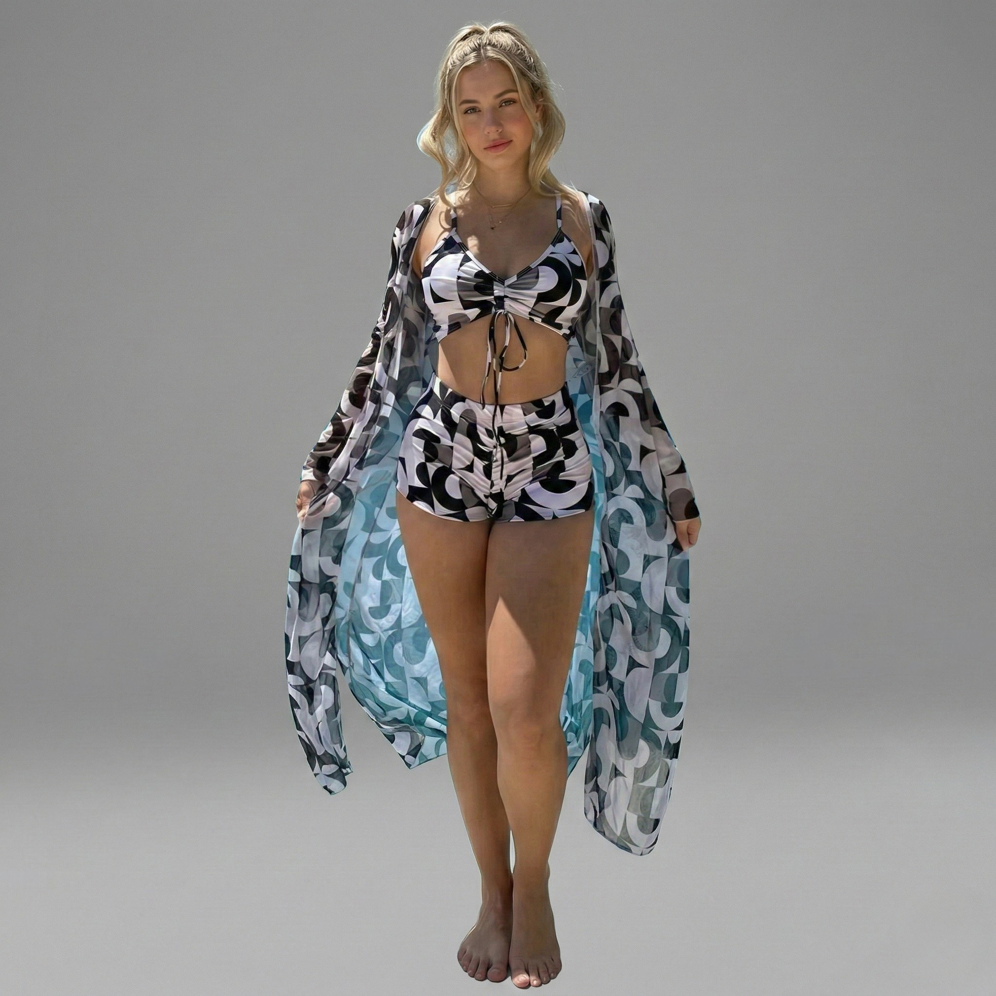 Σετ μαγιό γυναικείο 3 τεμαχίων με τοπ μπικίνι, σορτς και μακρύ κάρντιγκαν κάλυψης