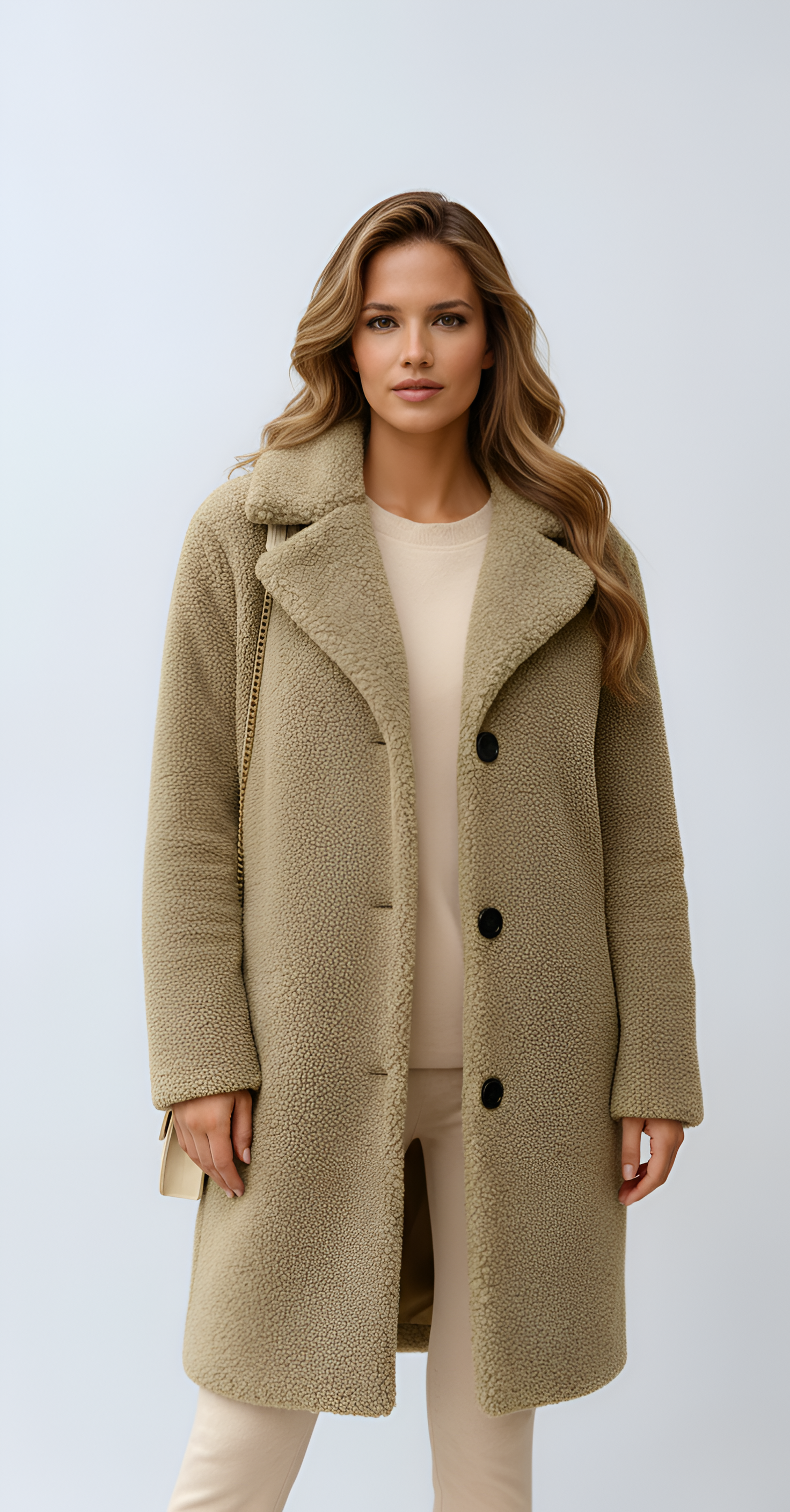 Damejakke i imiteret lammeskind, mellemlang, med knapper foran, vinterjakke