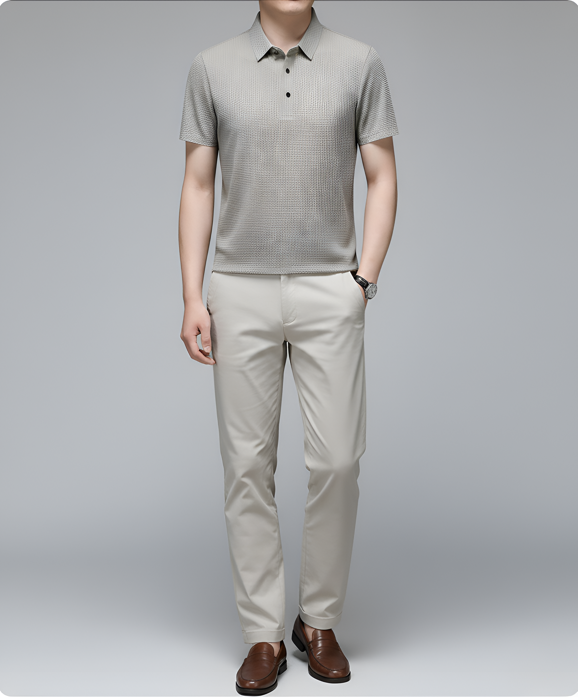 Camiseta tipo polo de punto texturizado para hombre, manga corta, mezcla de algodón, informal y elegante