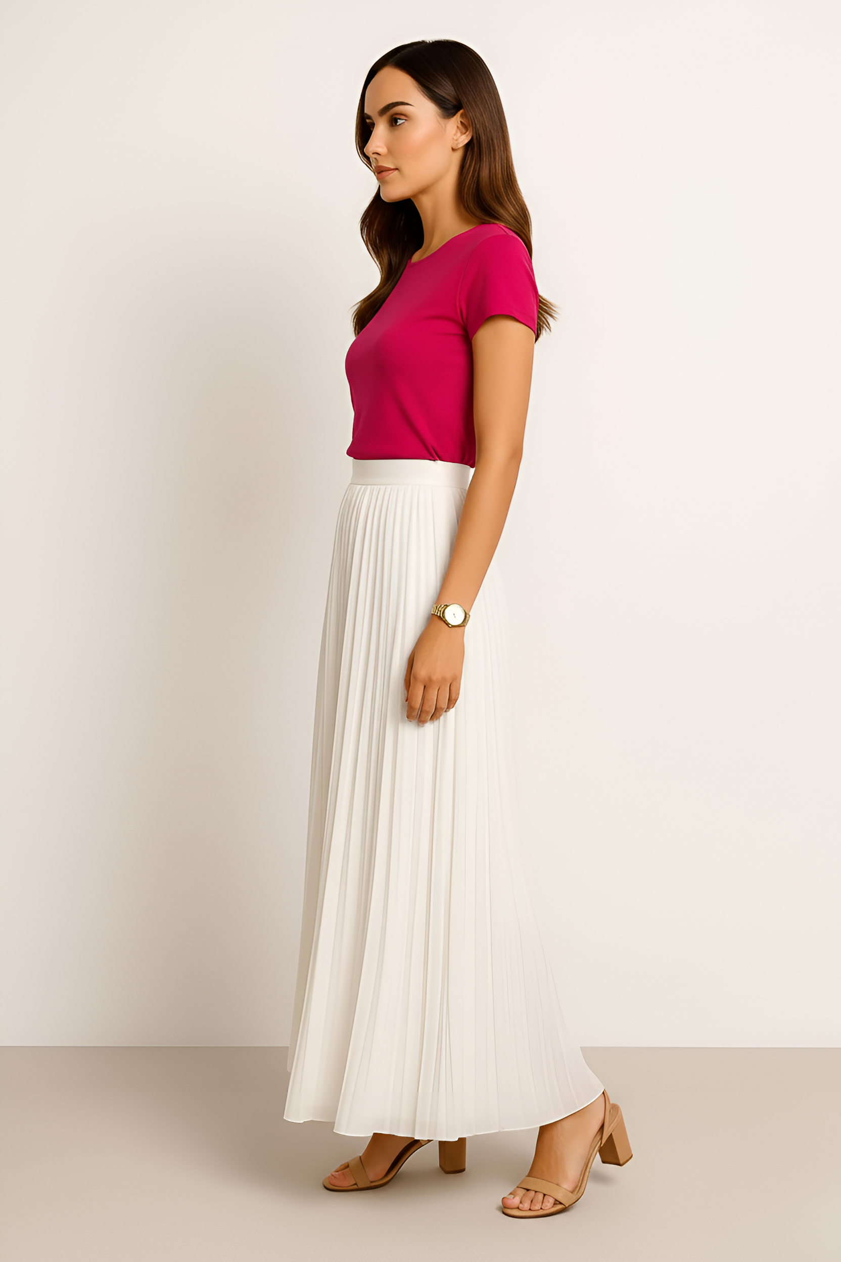 Women’s Pleated Midi Skirt High Waist with Elastic Waistband