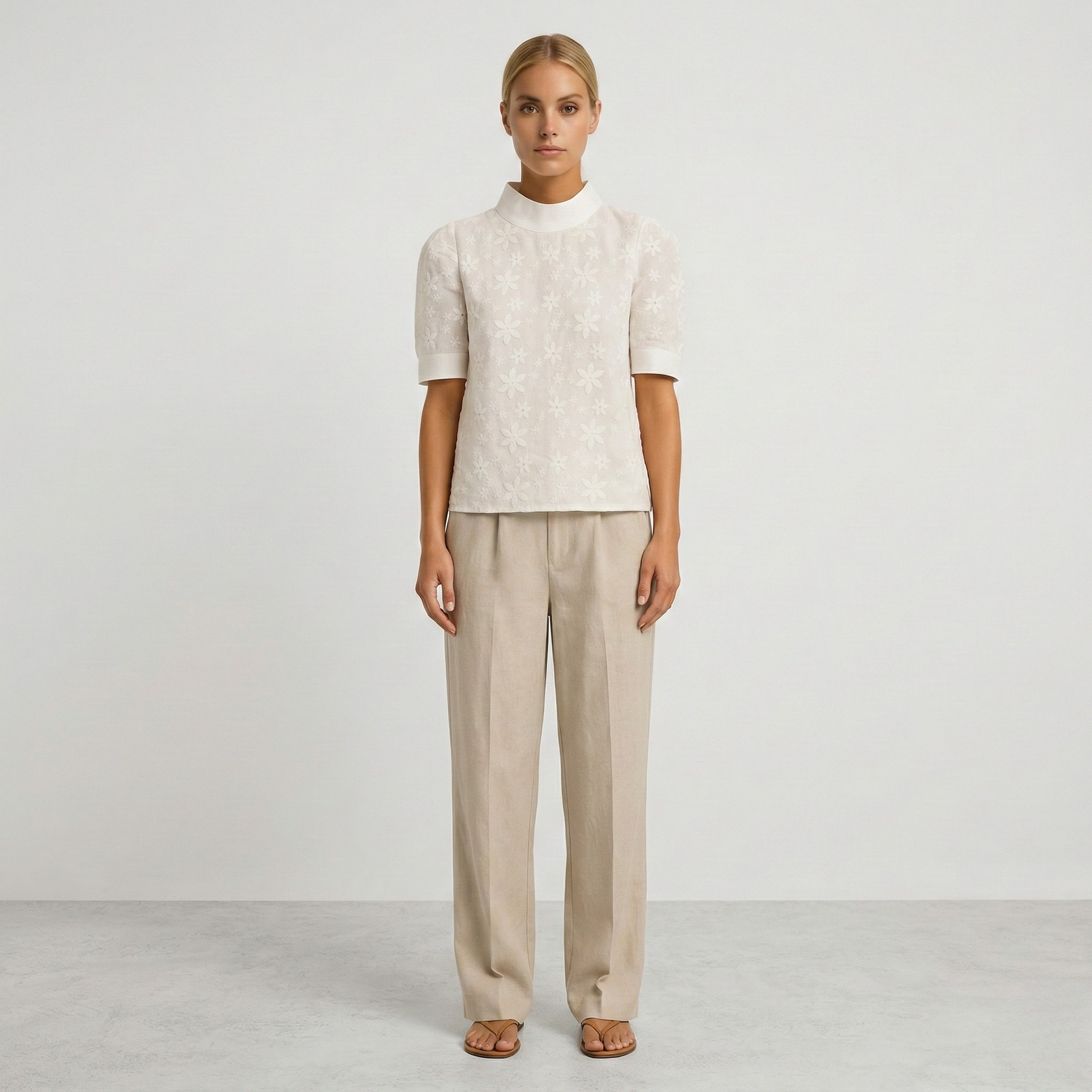 Women’s Floral Embroidered Blouse Short Sleeve Mock Neck Top