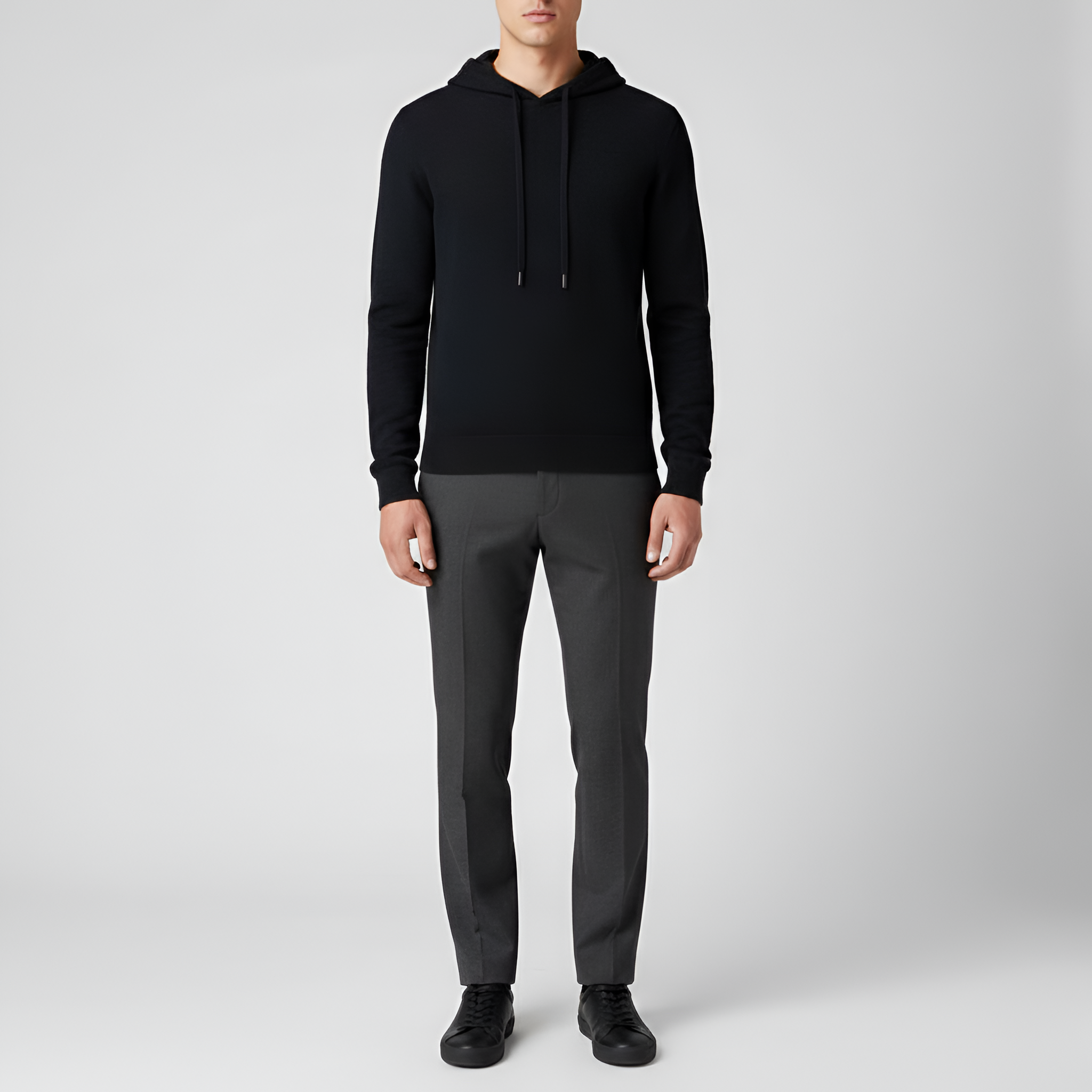 Férfi kötött kapucnis gyapjúkeverék pulóver húzózsinóros kapucnival