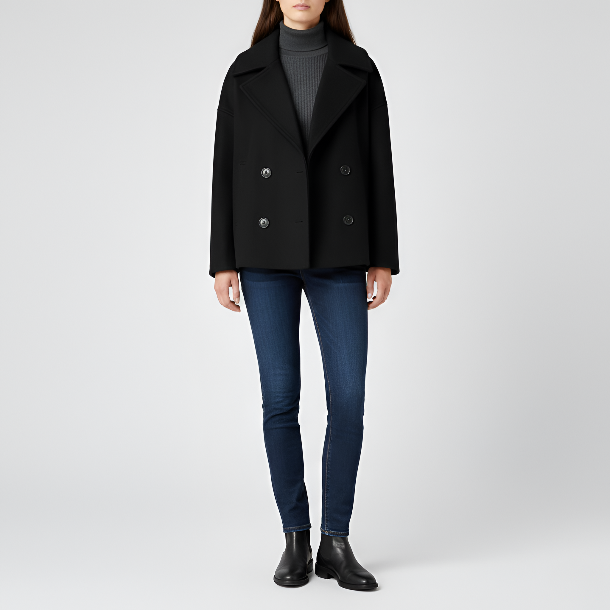 Damekort uldjakke dobbeltradet frakke med hakkrave