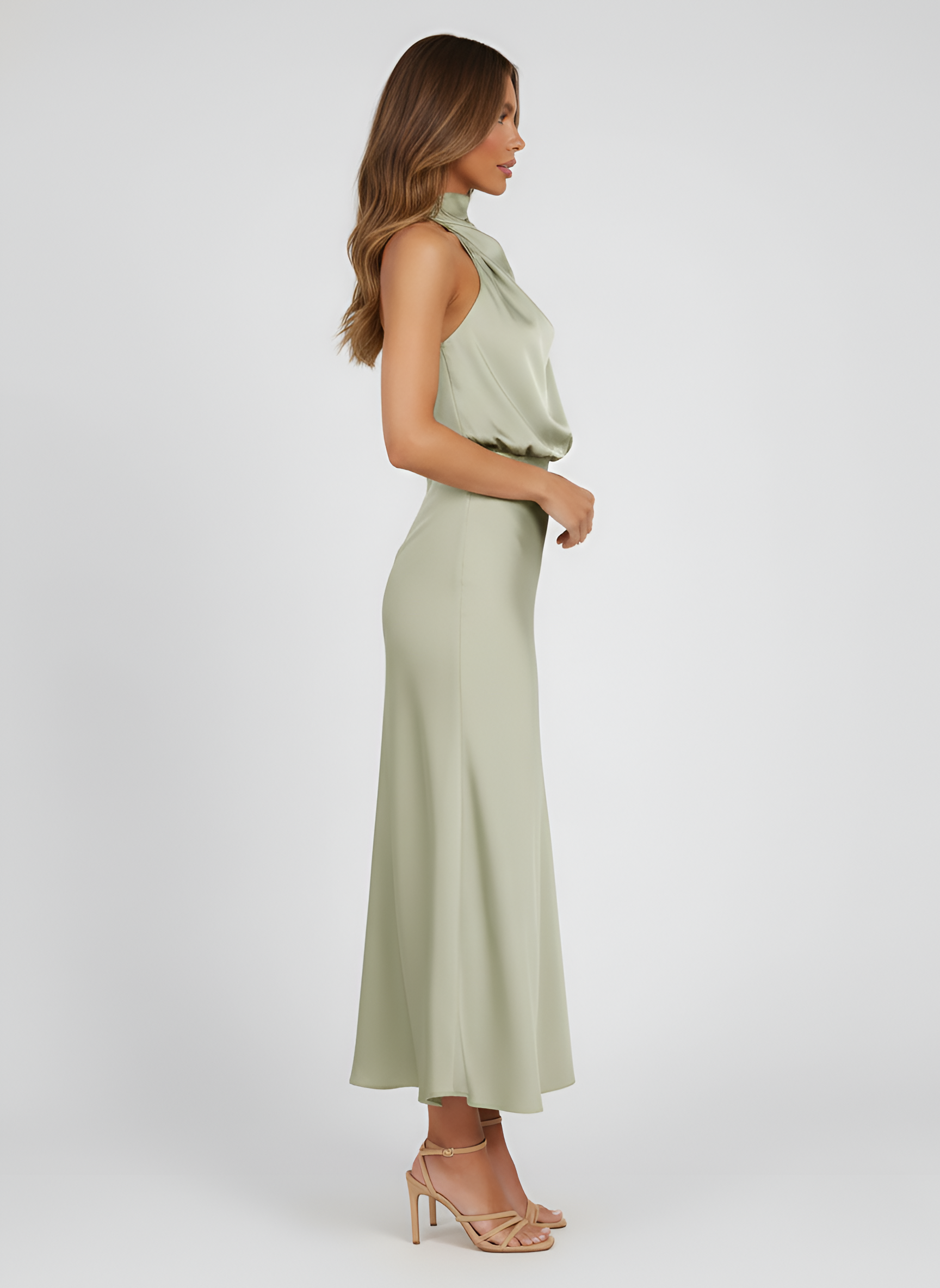 Rochie midi de damă cu gât halter, fără mâneci, cu talie drapată