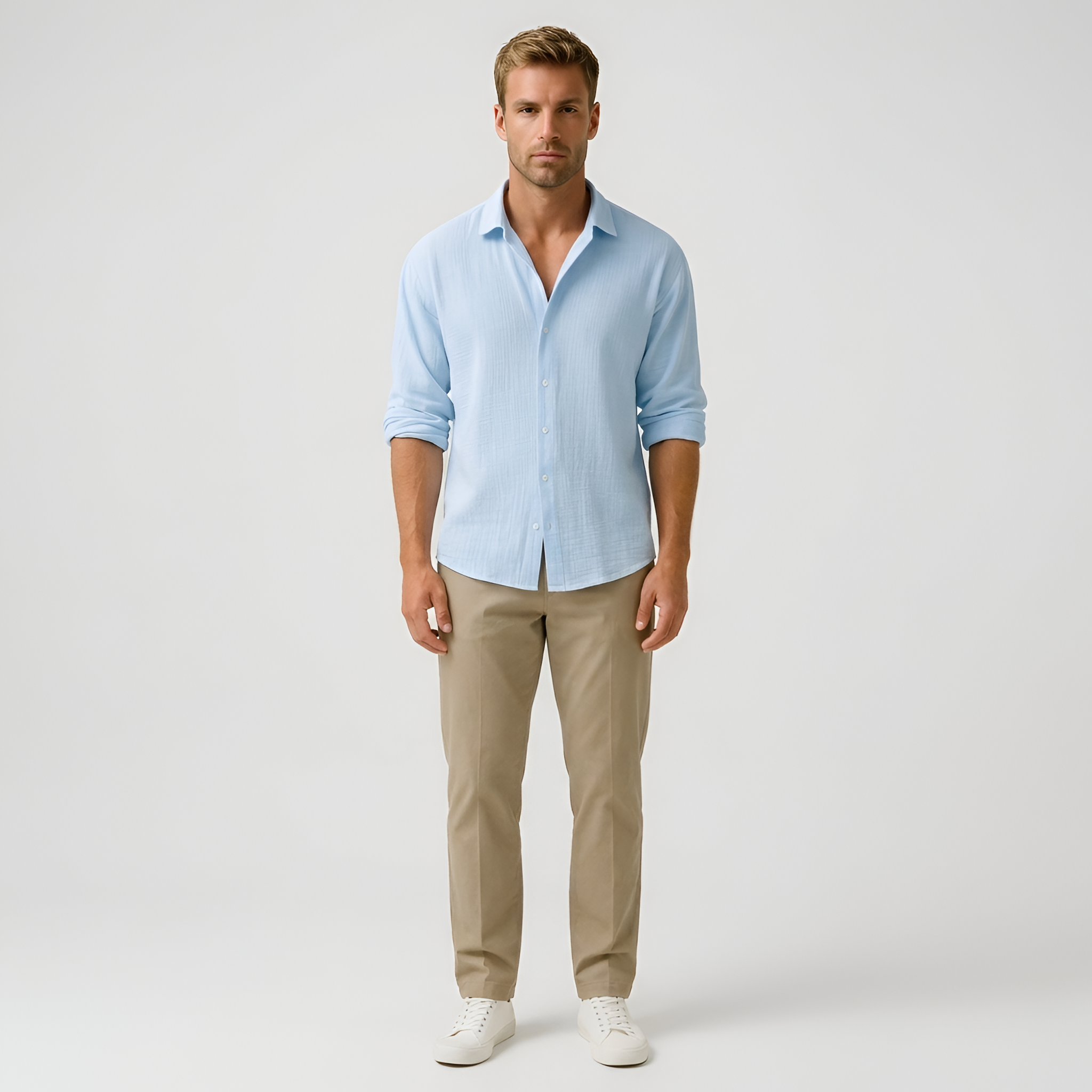 Camisa de Homem com Botões, Algodão Leve, Casual, Manga Comprida