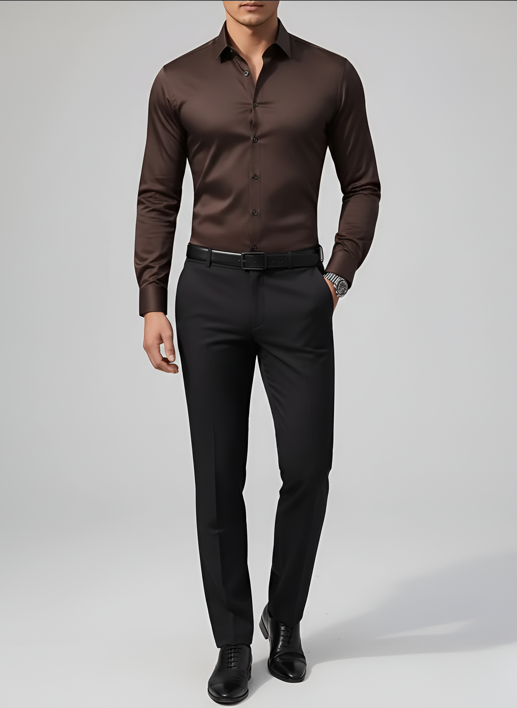 Camisa de hombre sin arrugas, abotonada, ajustada, de manga larga, de algodón elástico para vestir