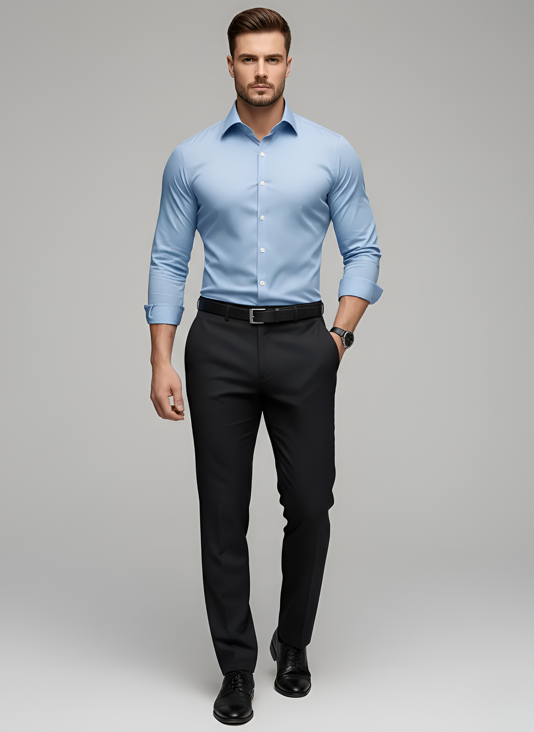 Camisa de hombre sin arrugas, abotonada, ajustada, de manga larga, de algodón elástico para vestir