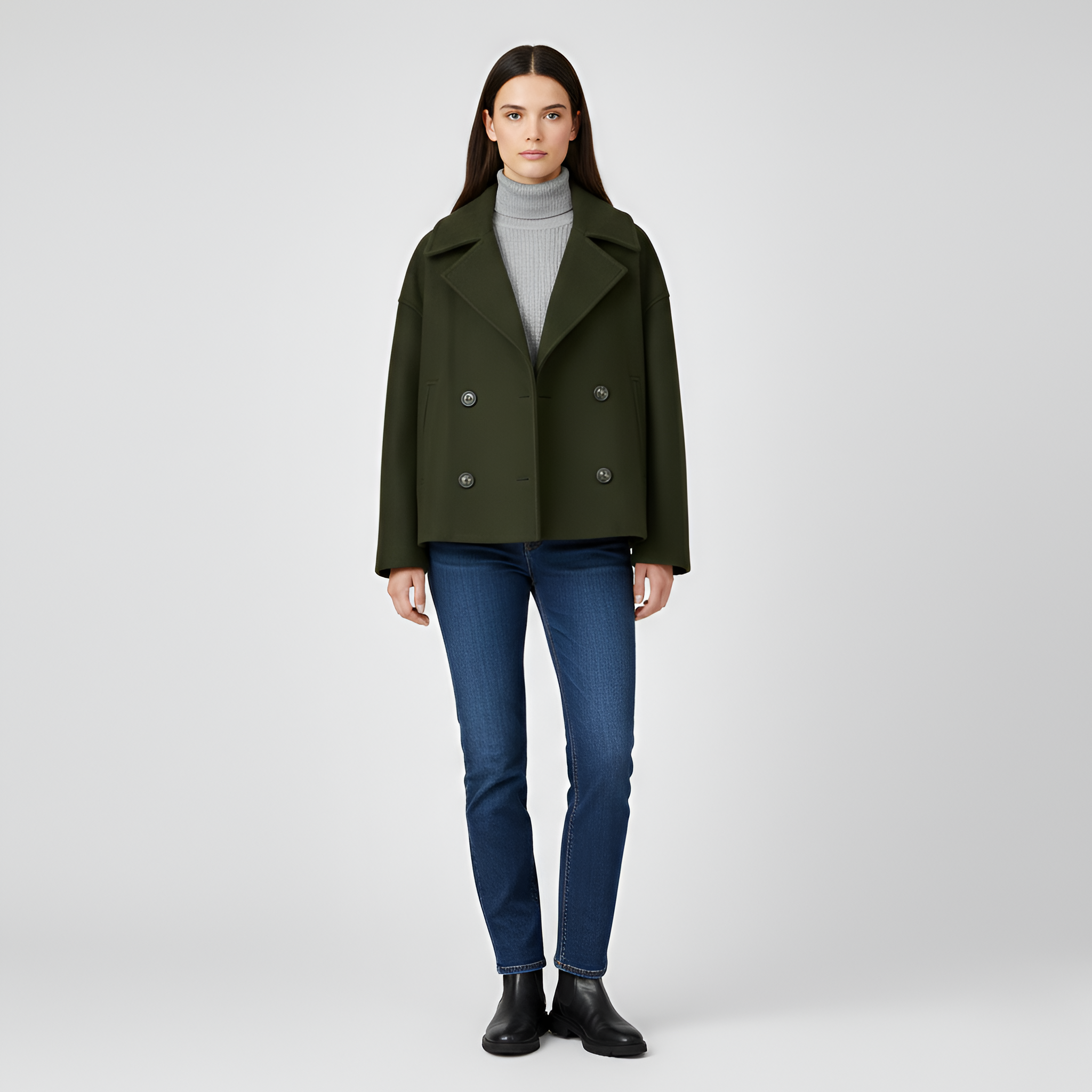 Damekort uldjakke dobbeltradet frakke med hakkrave