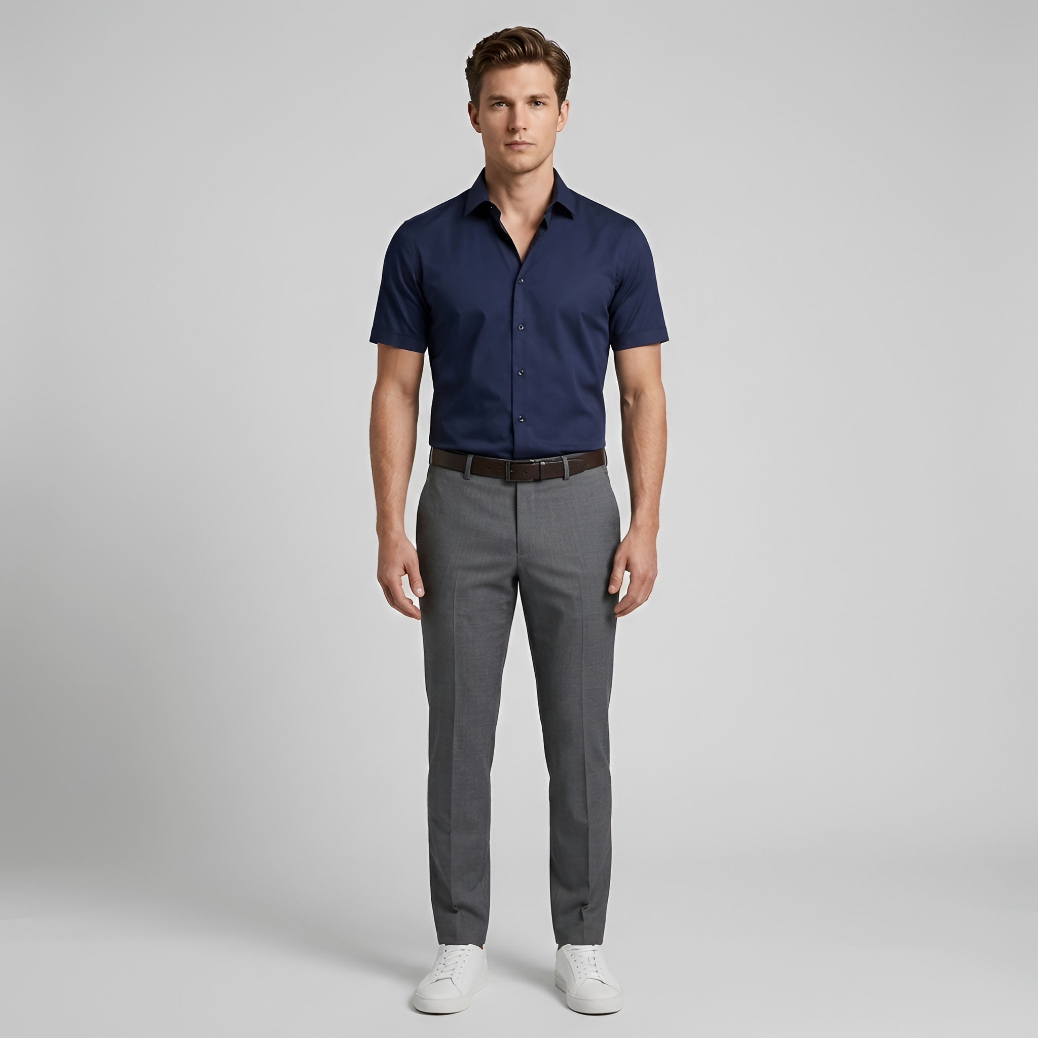 Chemise habillée en coton pour homme, coupe ajustée, manches courtes, à boutons