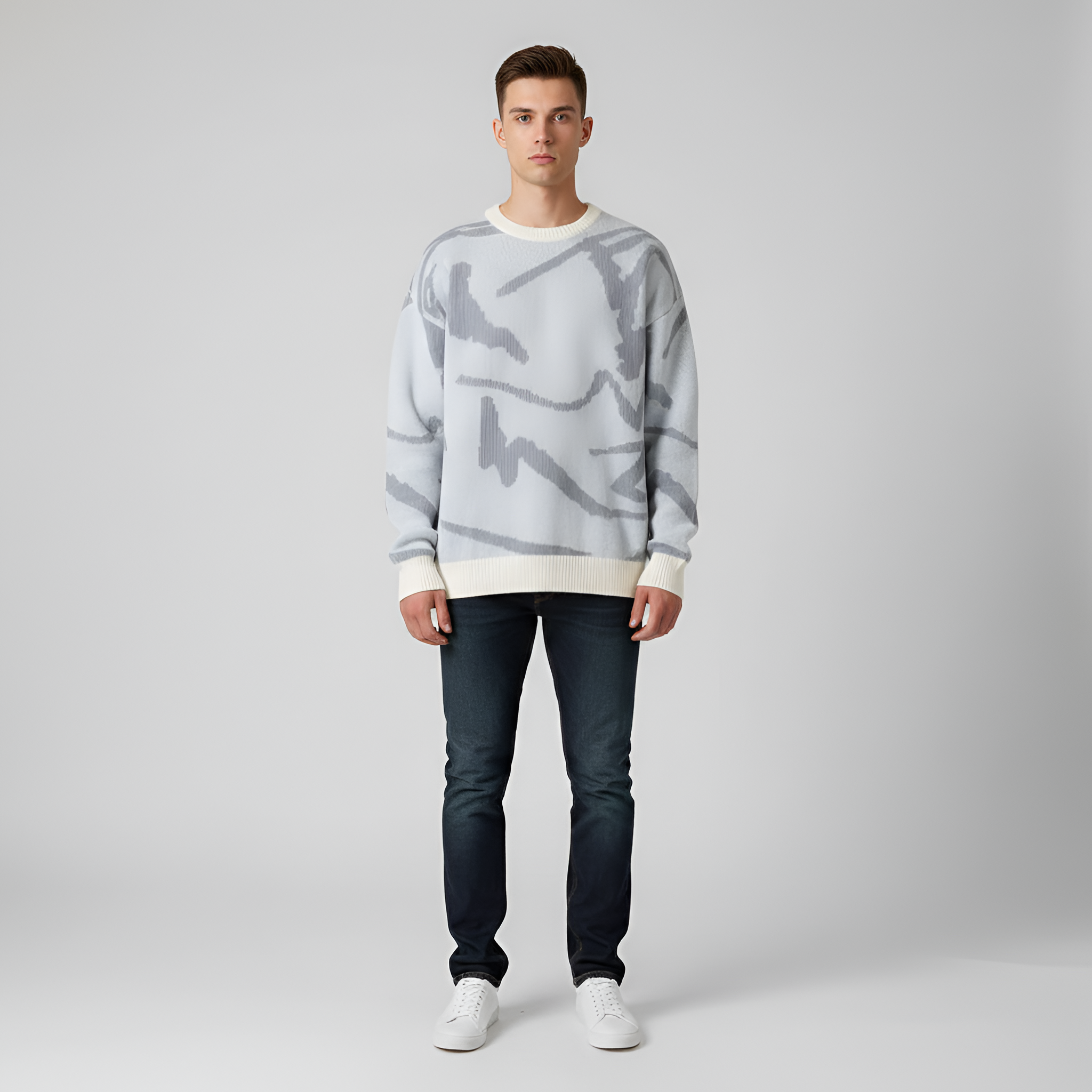Férfi elvont mintás kötött kereknyakú pulóver hétköznapi viseletre