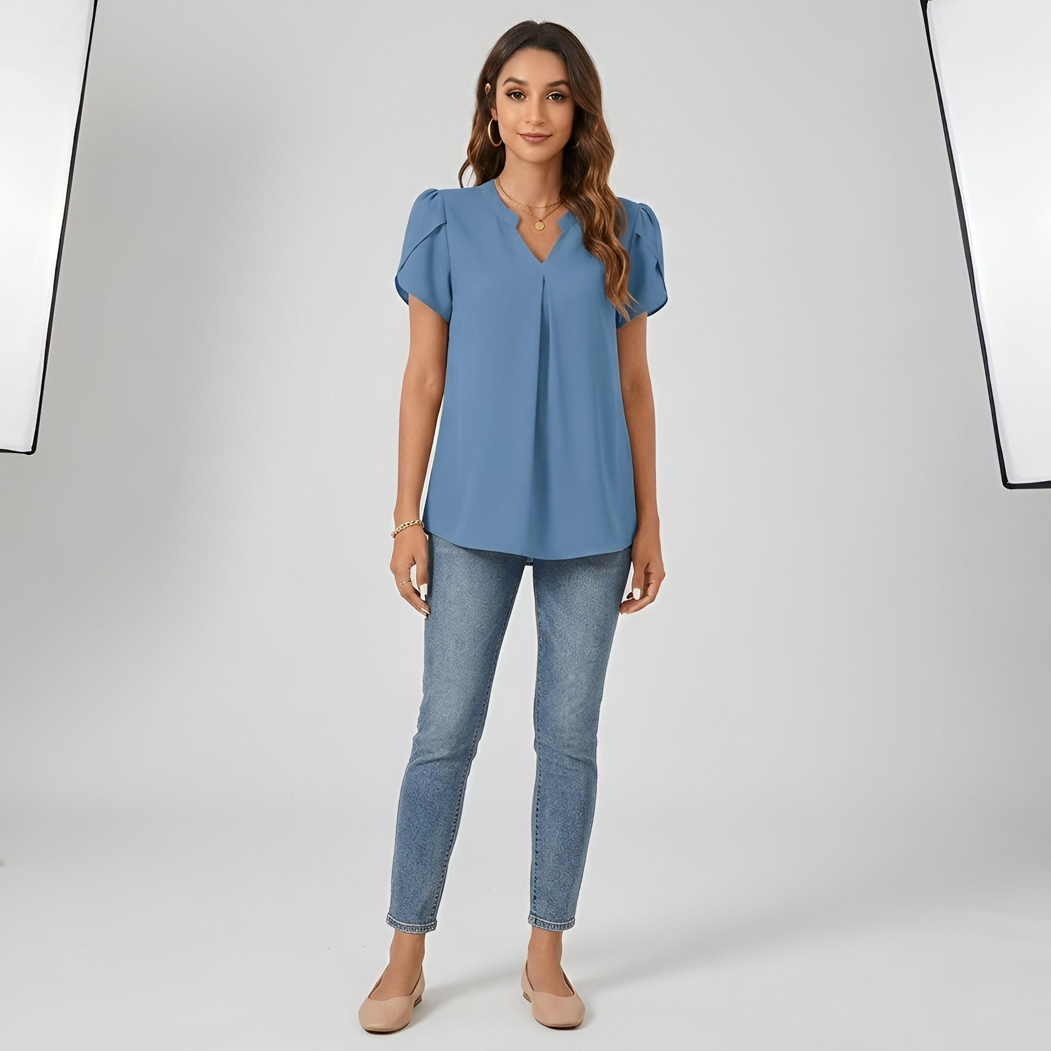 Blusa donna scollo a V maniche corte vestibilità ampia top casual da lavoro