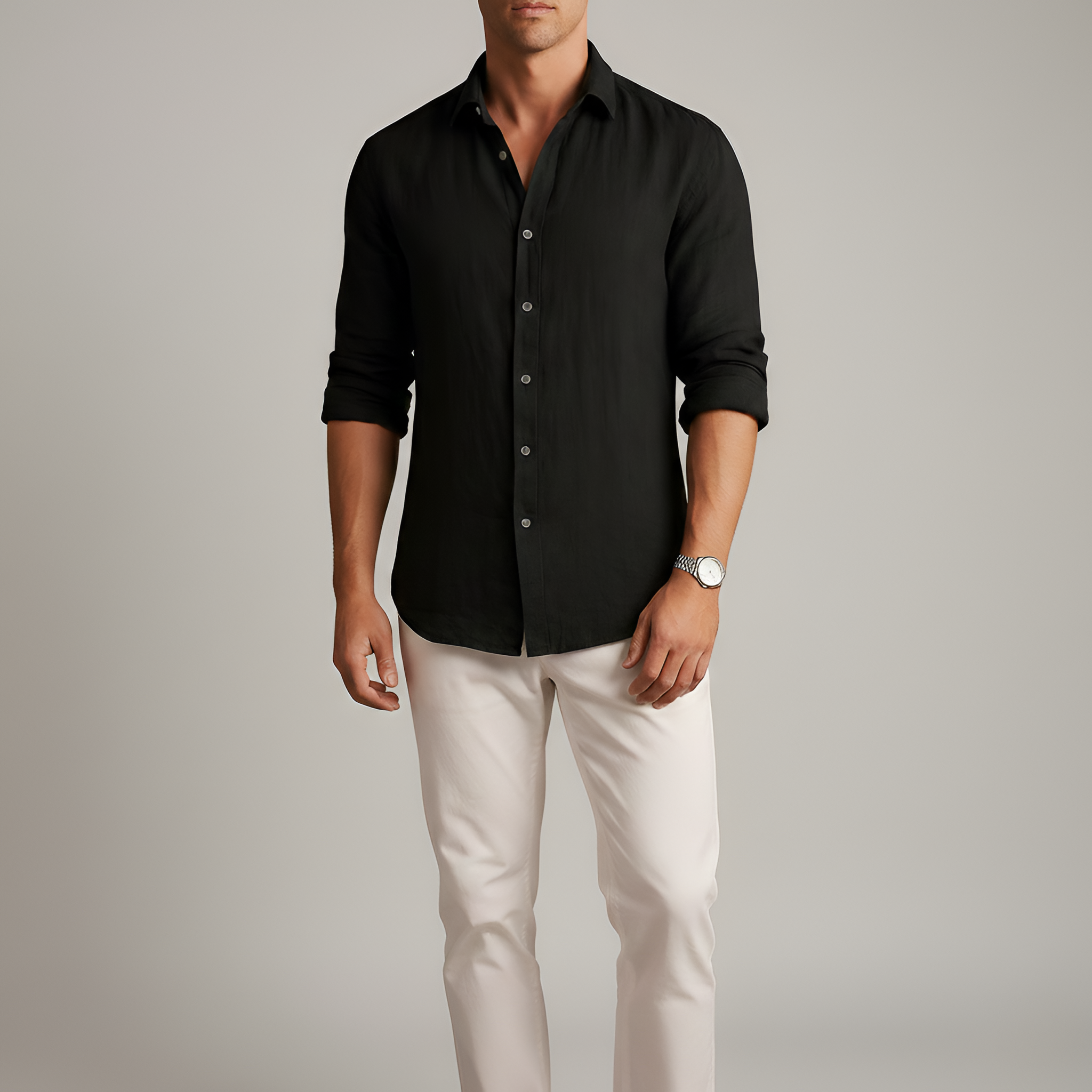 Camisa de lino para hombre con botones, manga larga, ajuste casual