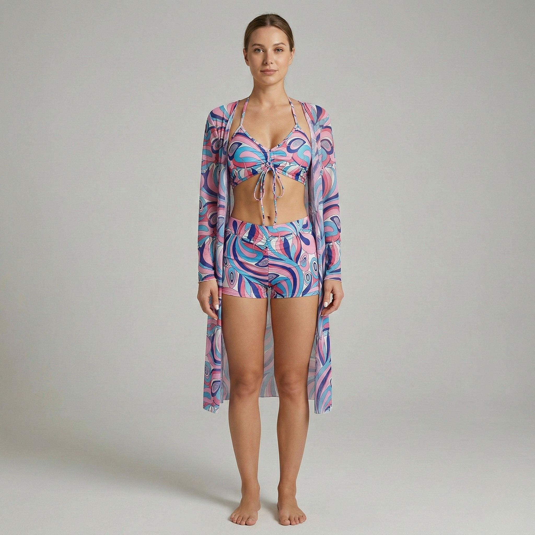 Σετ μαγιό γυναικείο 3 τεμαχίων με τοπ μπικίνι, σορτς και μακρύ κάρντιγκαν κάλυψης