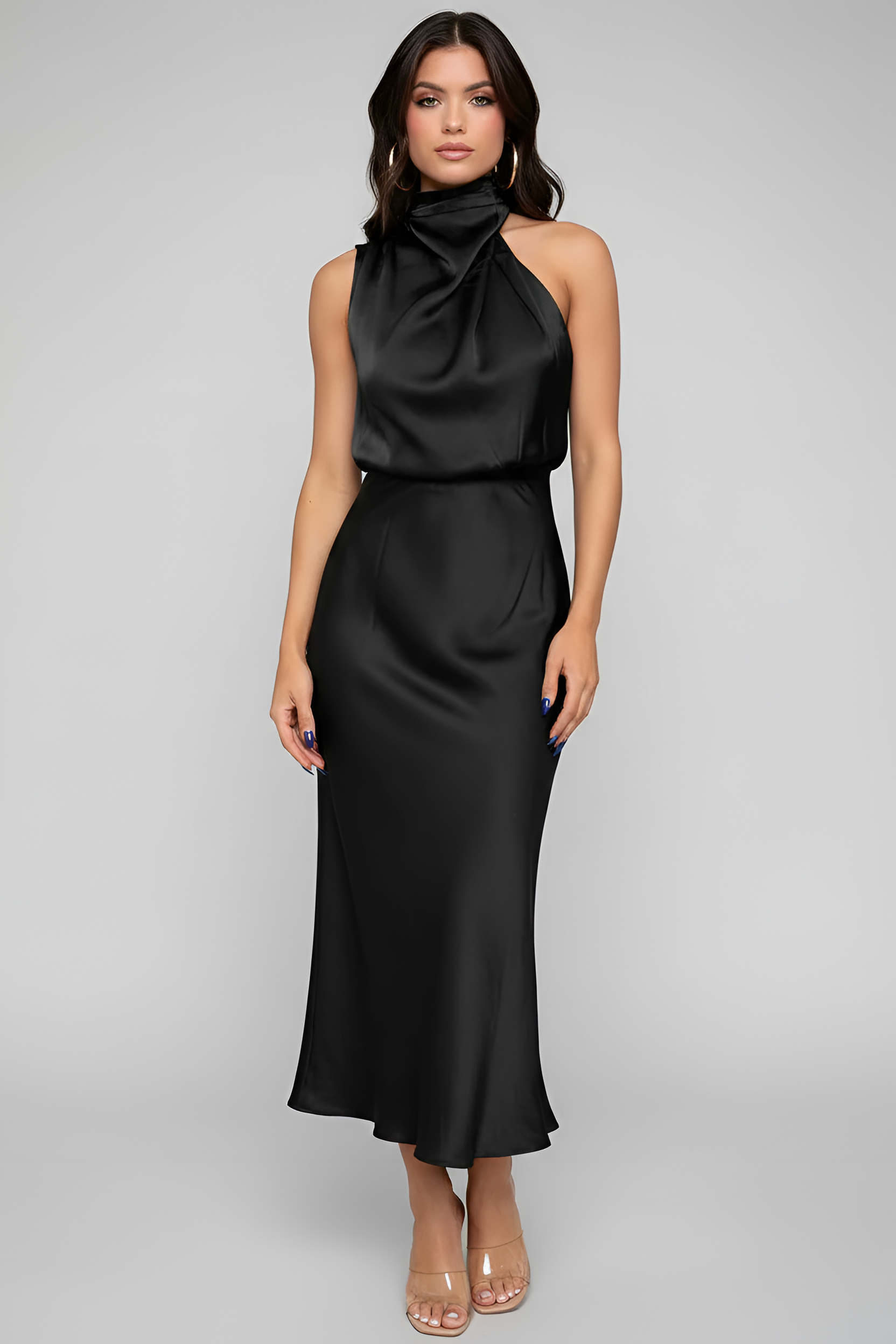 Rochie midi de damă cu gât halter, fără mâneci, cu talie drapată