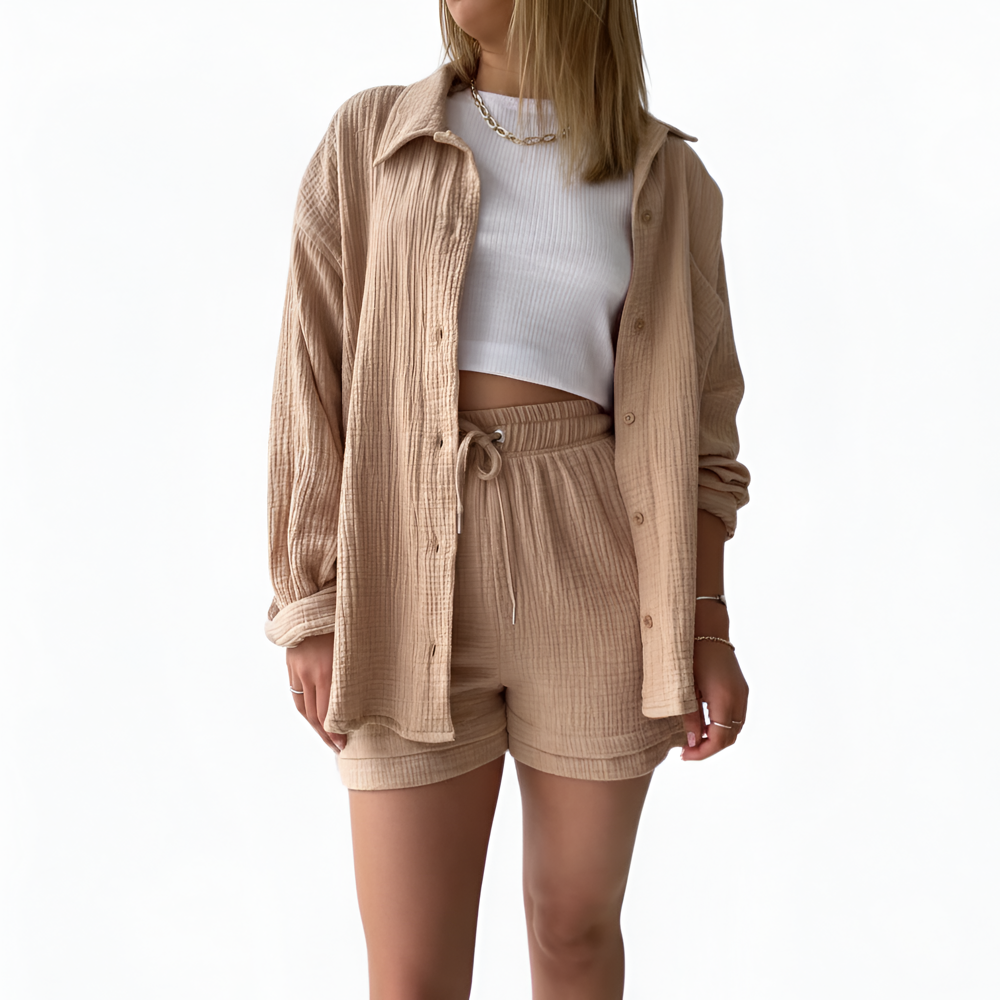 Women’s Cotton Shorts Set with Button Down Shirt and Drawstring Waist