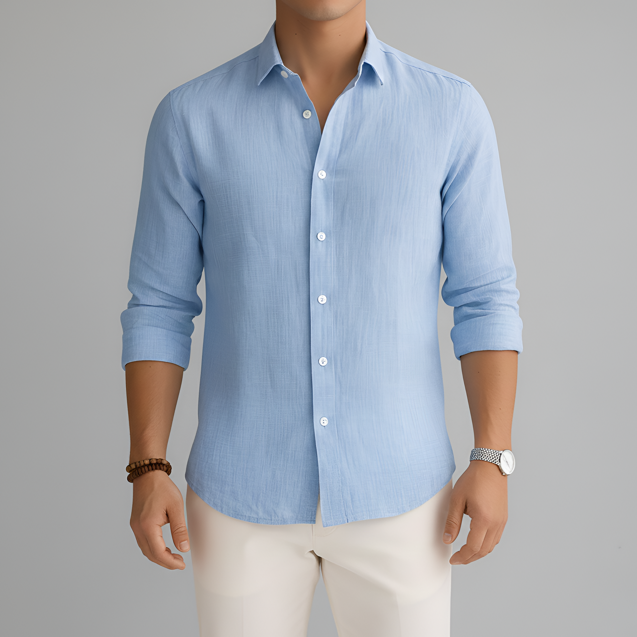 Camisa de lino para hombre con botones, manga larga, ajuste casual