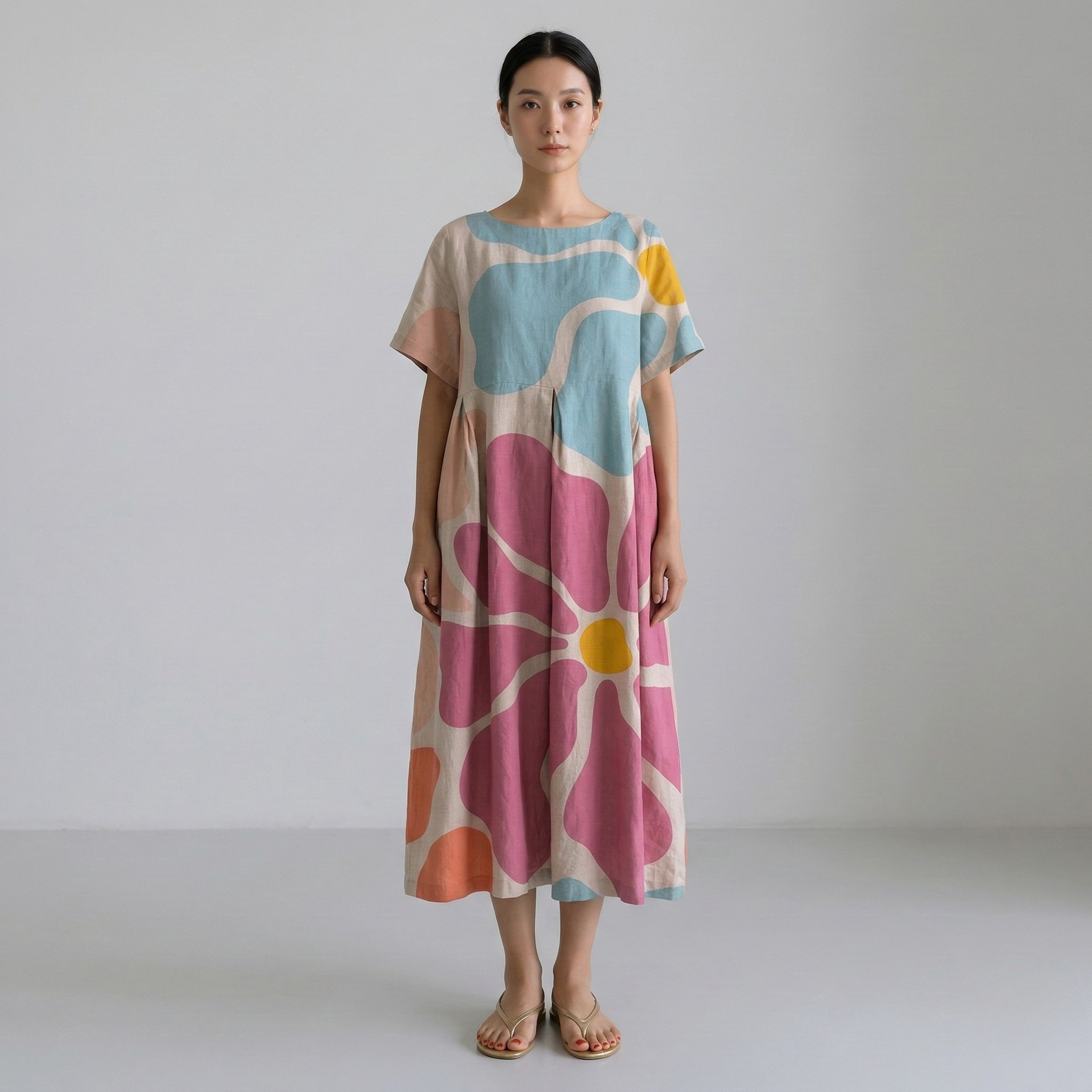 Abito Maxi Donna Oversize con Stampa Floreale, Maniche Corte, Vestibilità Ampia, Abito Casual