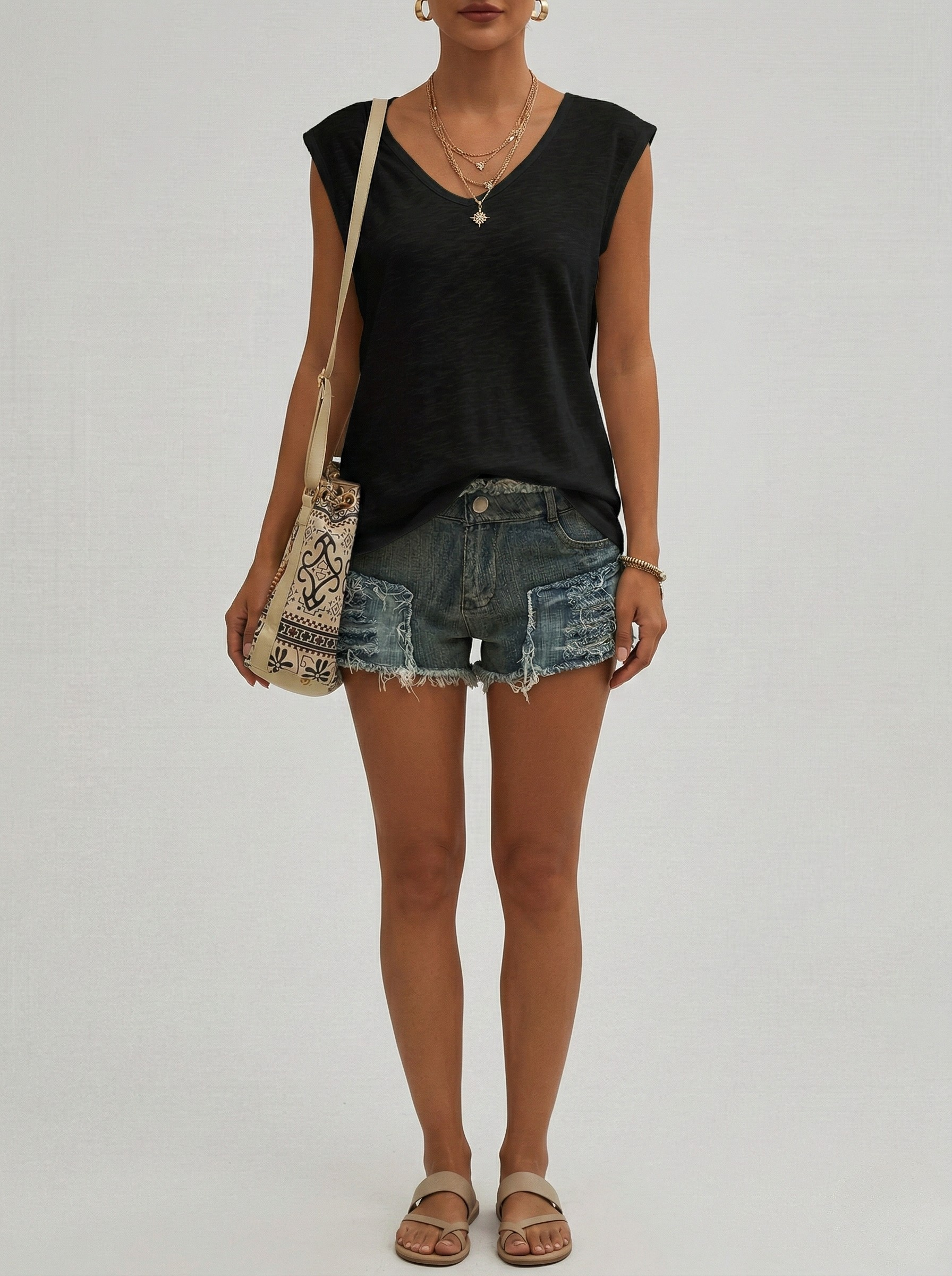 Γυναικείο βαμβακερό T-shirt με V λαιμόκοψη, κοντό μανίκι καπέλο, καθημερινό, βασικό καλοκαιρινό μπλουζάκι