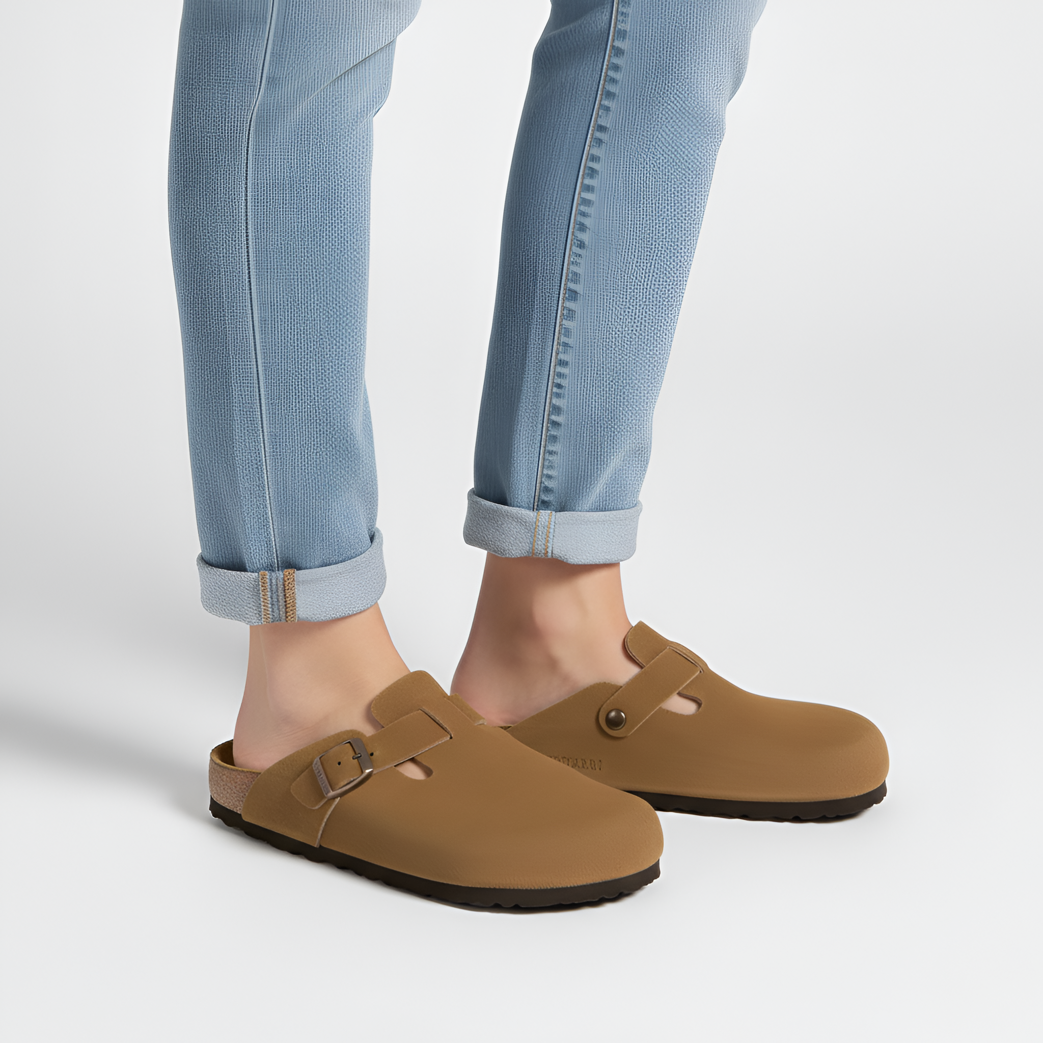 By Assuli Suede Buckle Clogs with Cork Footbed and Comfort Sole
