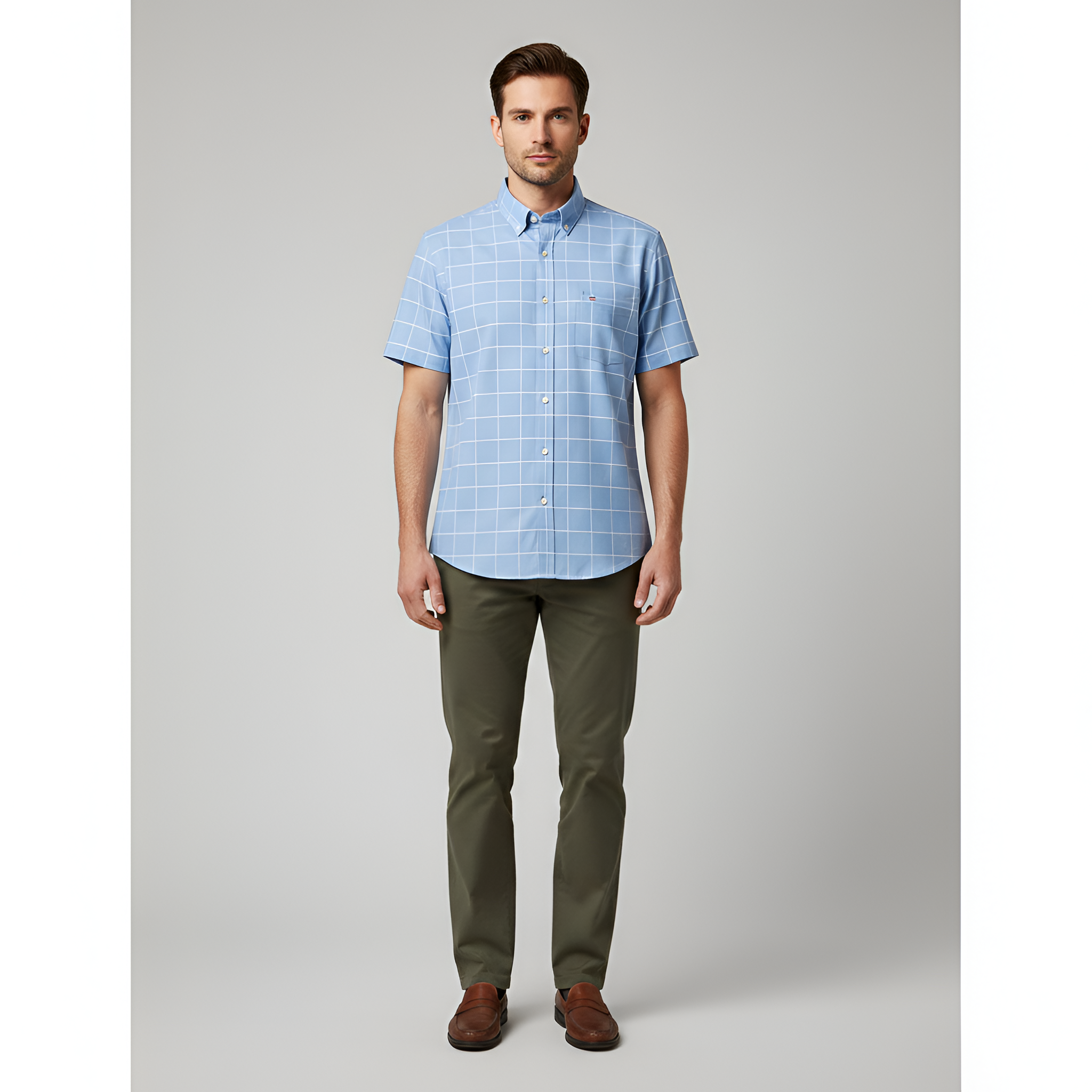 Camisa de Algodão de Manga Curta para Homem, com Botões e Padrão às Quadrículas