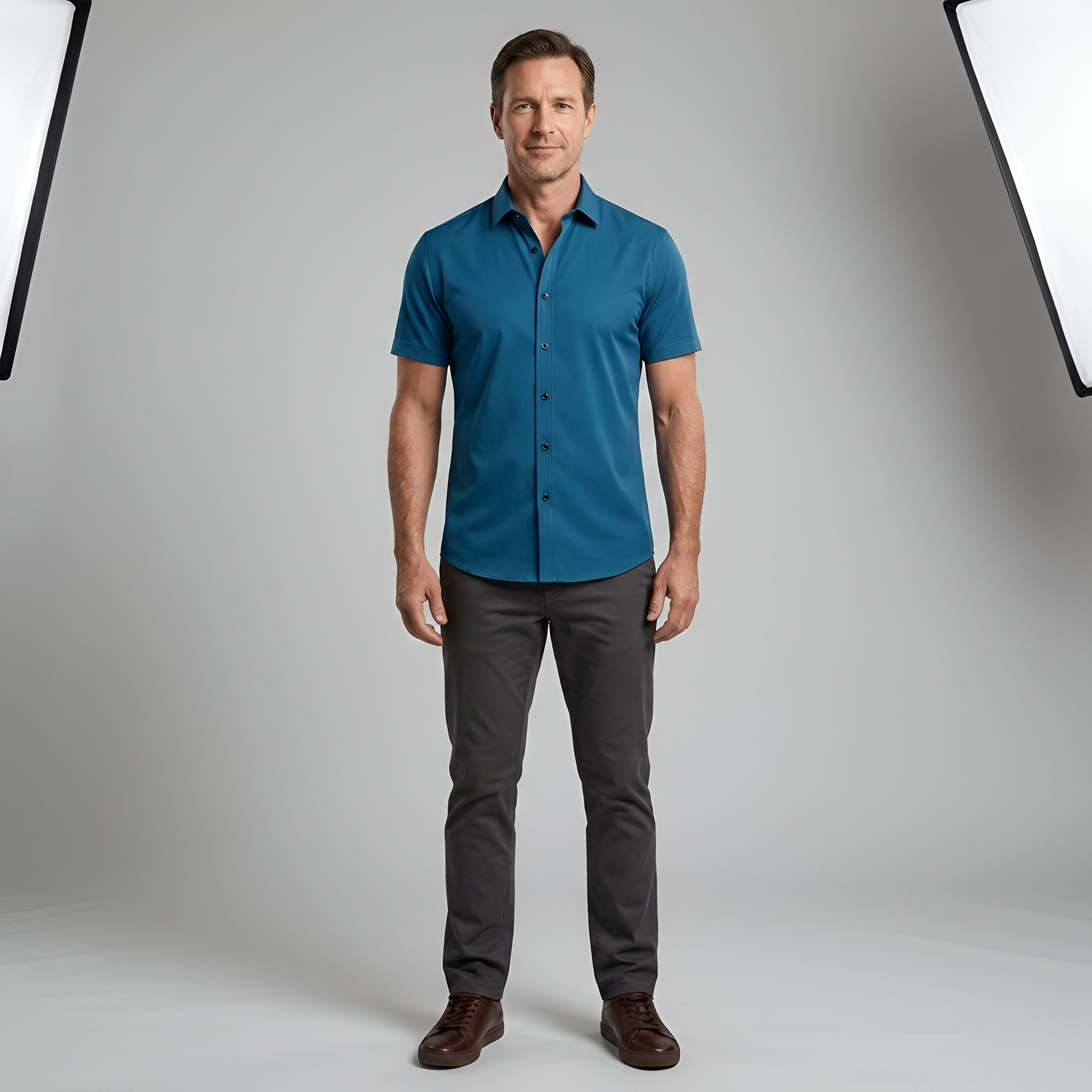 Chemise habillée en coton pour homme, coupe ajustée, manches courtes, à boutons