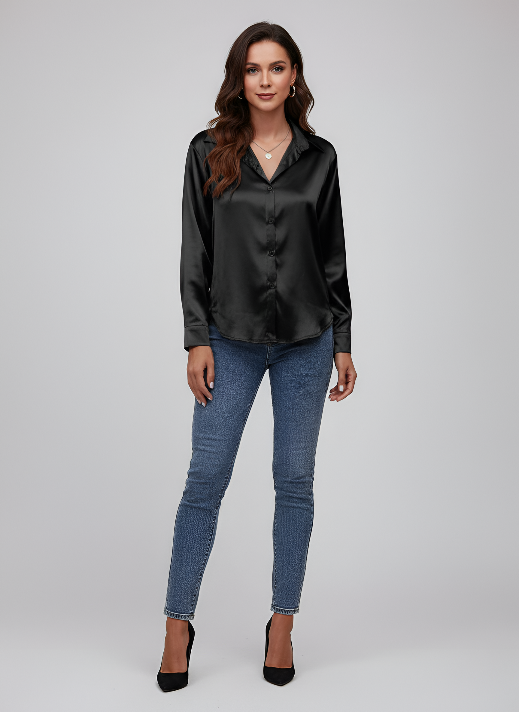 Women’s Satin Tie Front Blouse Long Sleeve Button Up Shirt