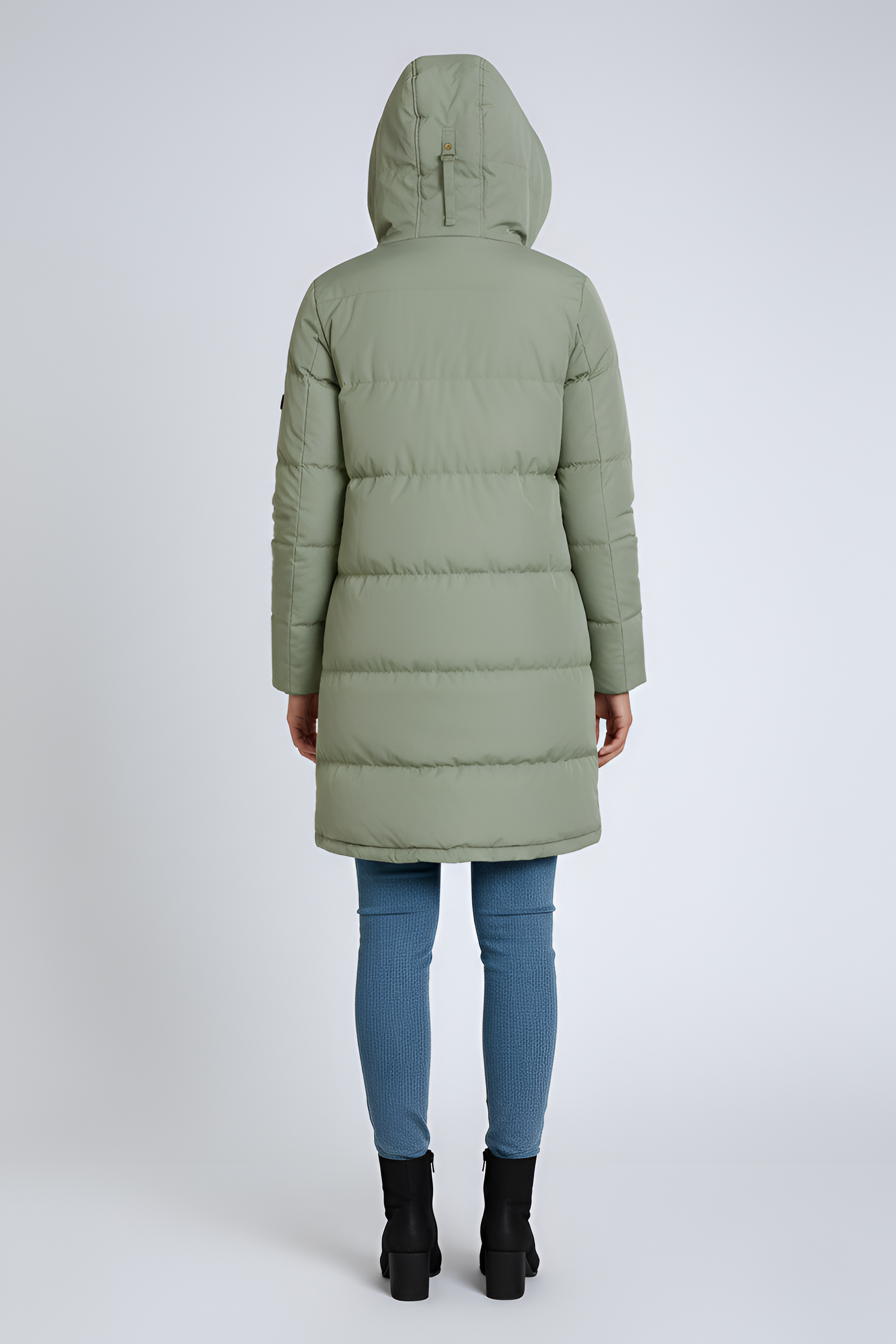 Cappotto imbottito lungo con cappuccio da donna, giacca invernale isolata con fodera in pelliccia sintetica