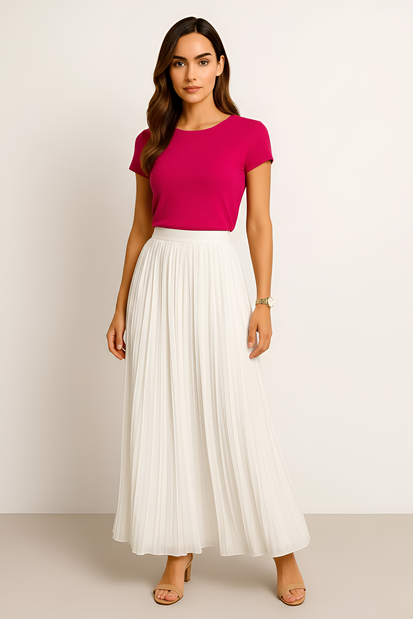 Women’s Pleated Midi Skirt High Waist with Elastic Waistband